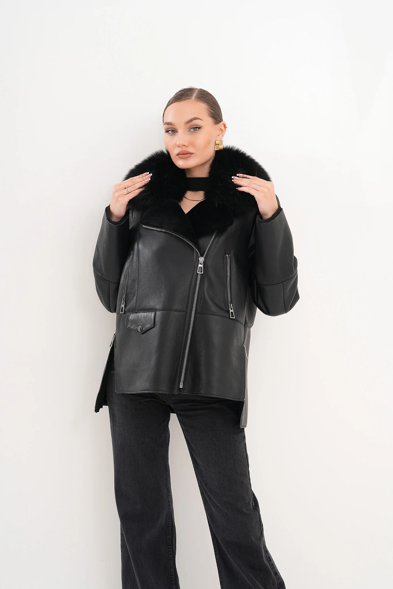 The Duchess Shearling Black Leather Women Jacket - Image 4