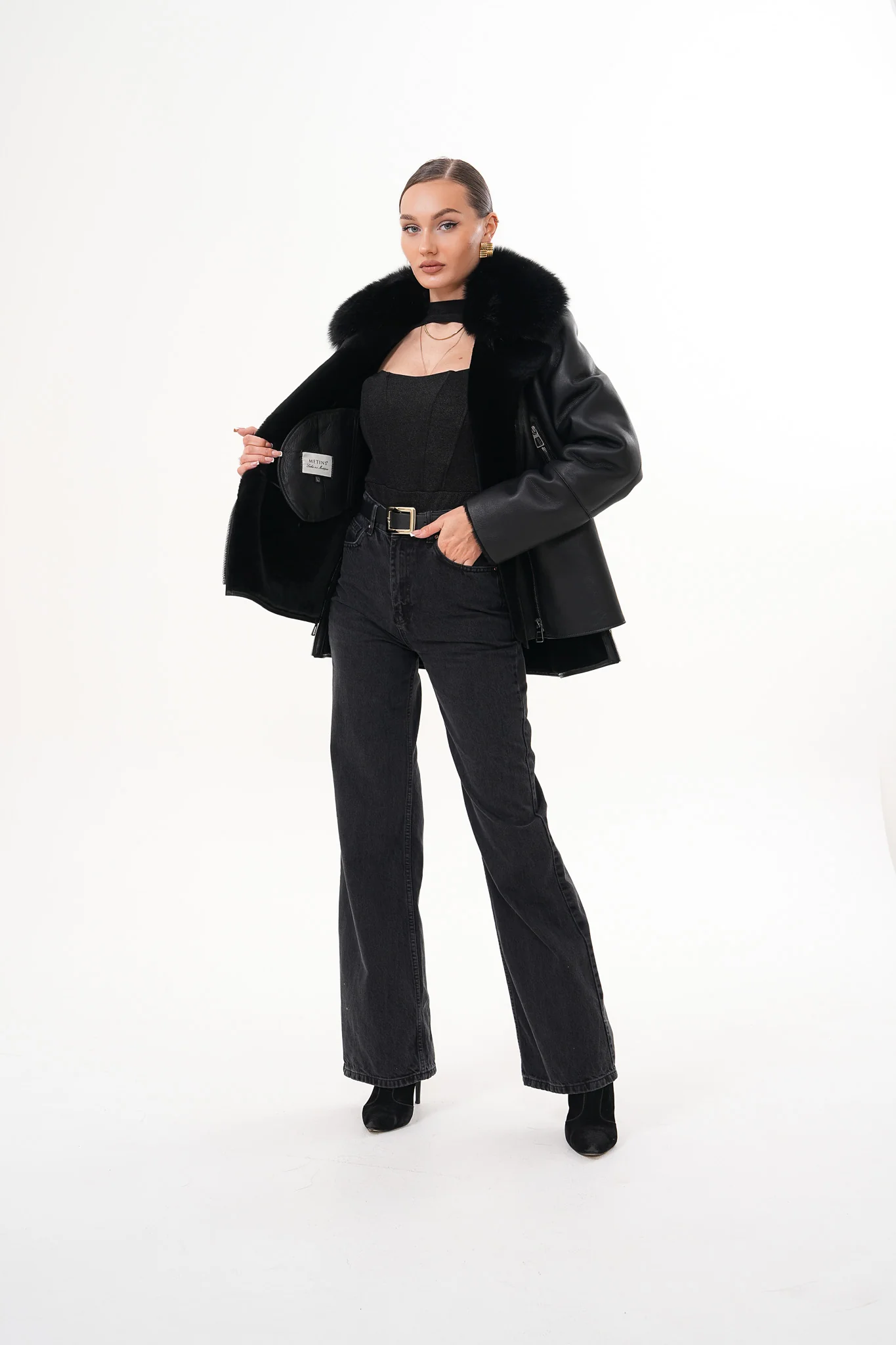 The Duchess Shearling Black Leather Women Jacket - Image 9