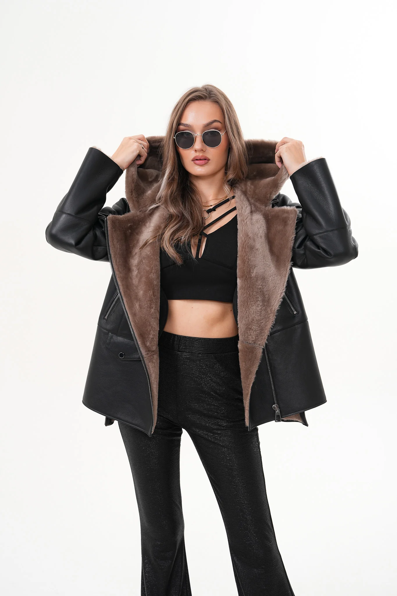 The Duchess Shearling Brown Leather Women Hooded Jacket - Image 10
