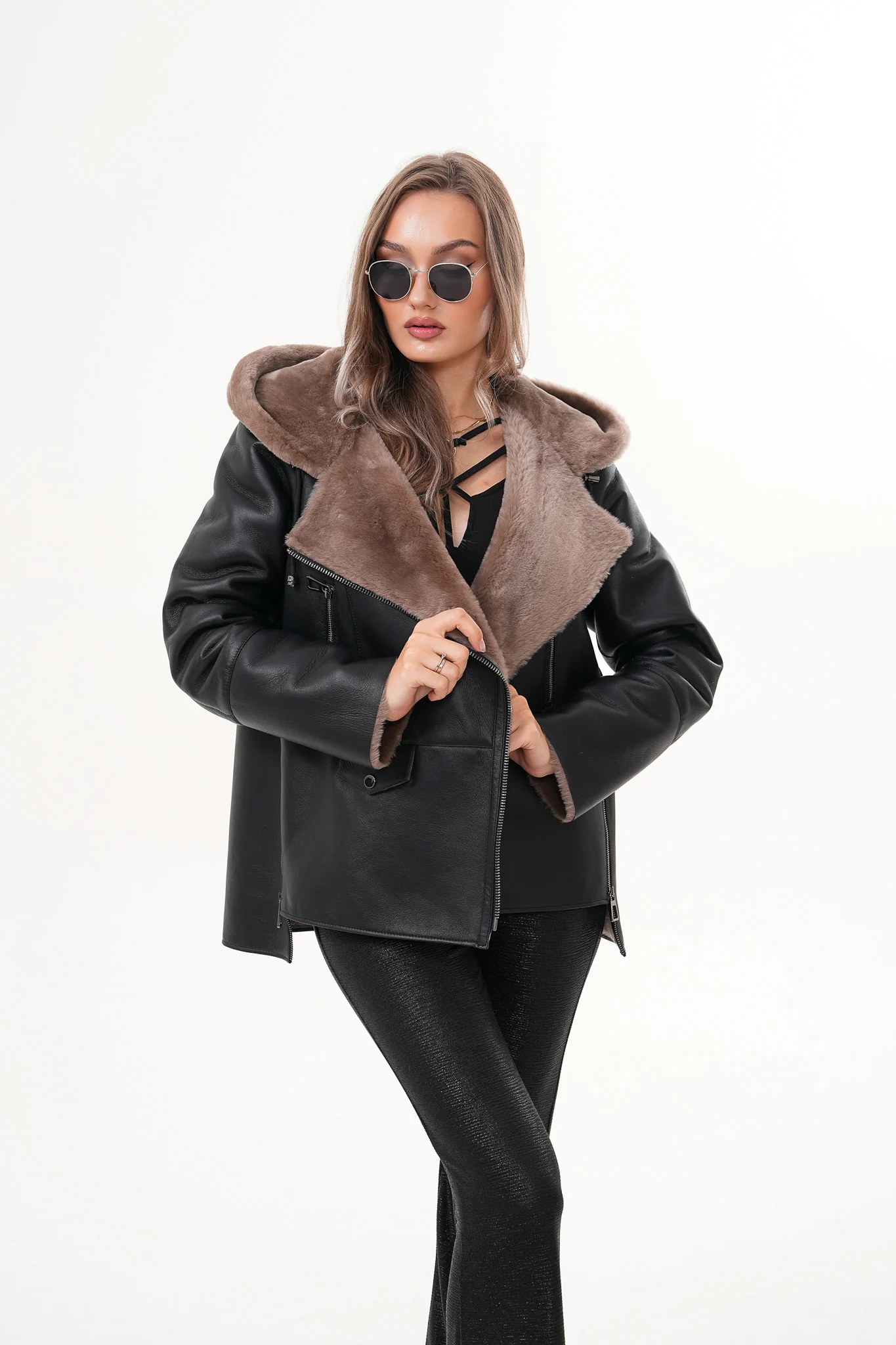 The Duchess Shearling Brown Leather Women Hooded Jacket - Image 11