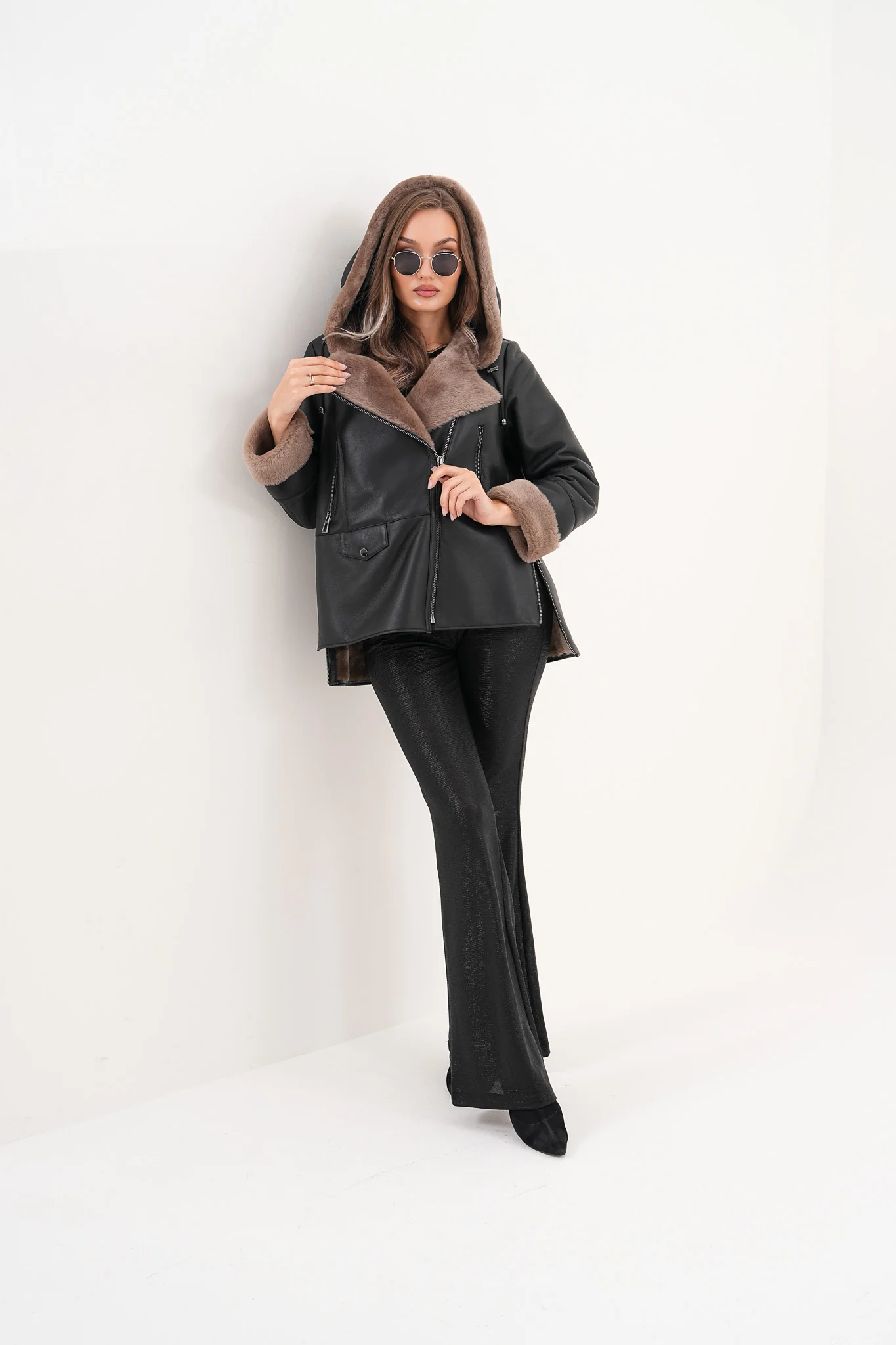 The Duchess Shearling Brown Leather Women Hooded Jacket - Image 15