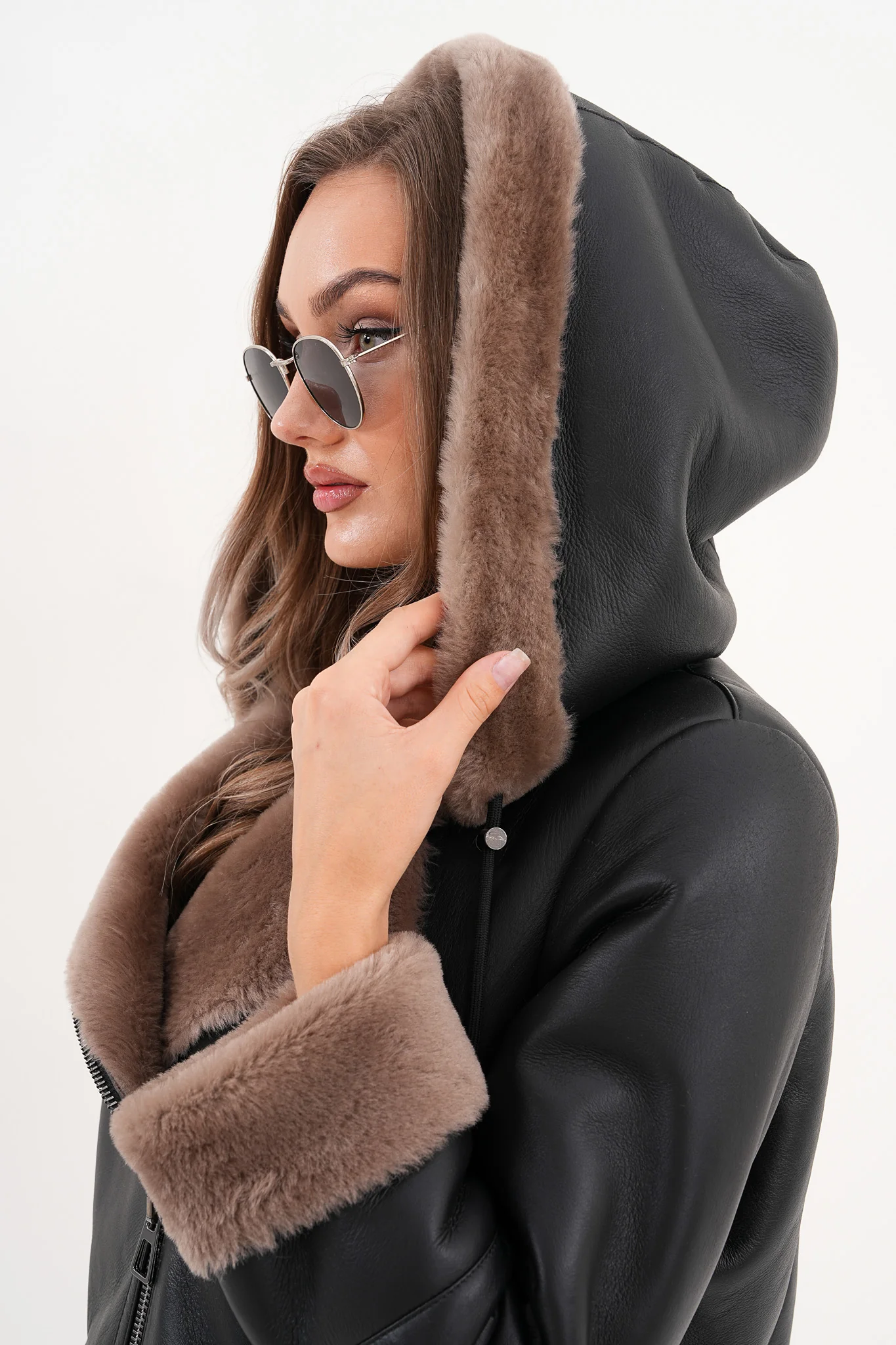 The Duchess Shearling Brown Leather Women Hooded Jacket - Image 3