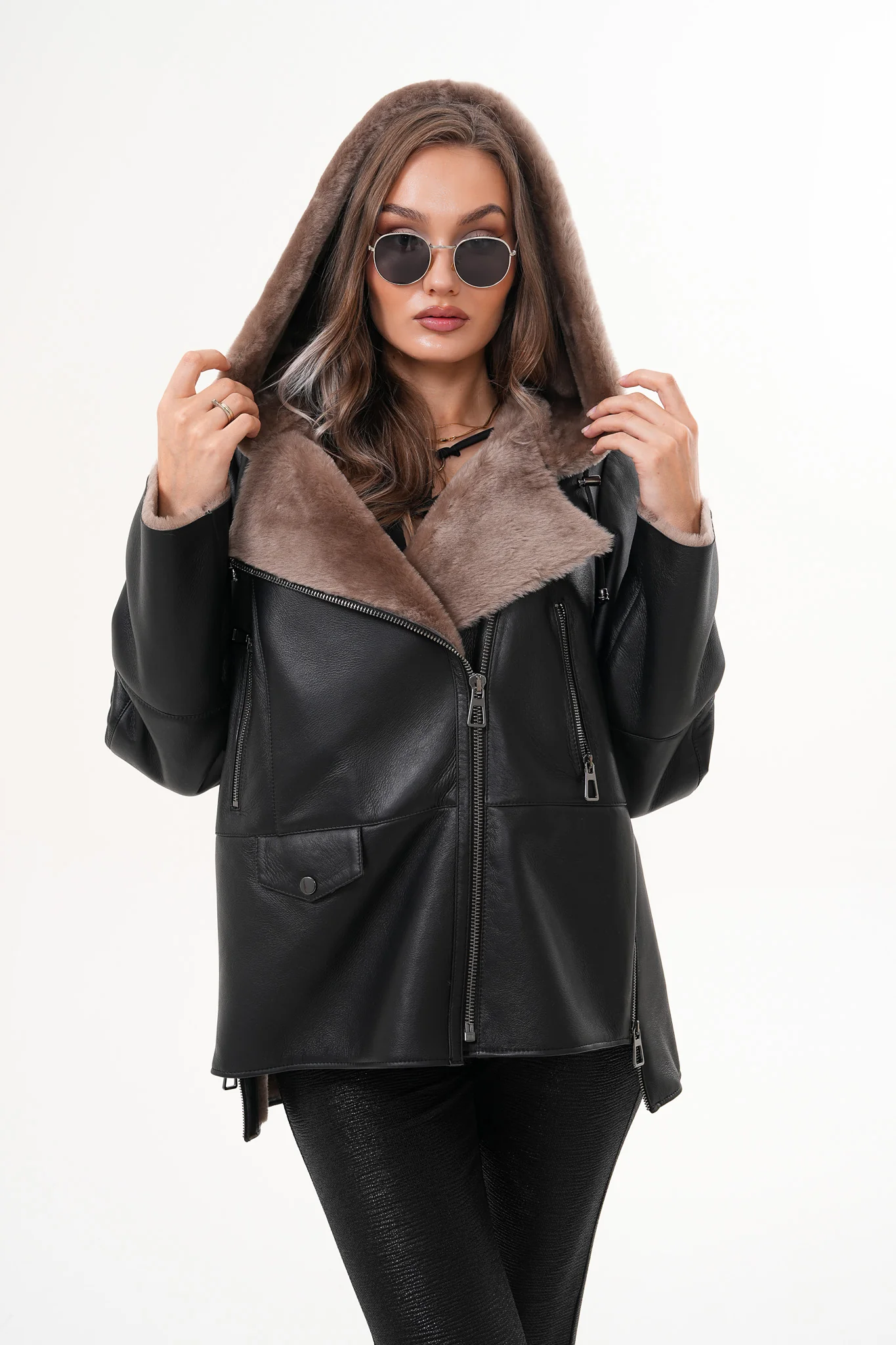 The Duchess Shearling Brown Leather Women Hooded Jacket - Image 6