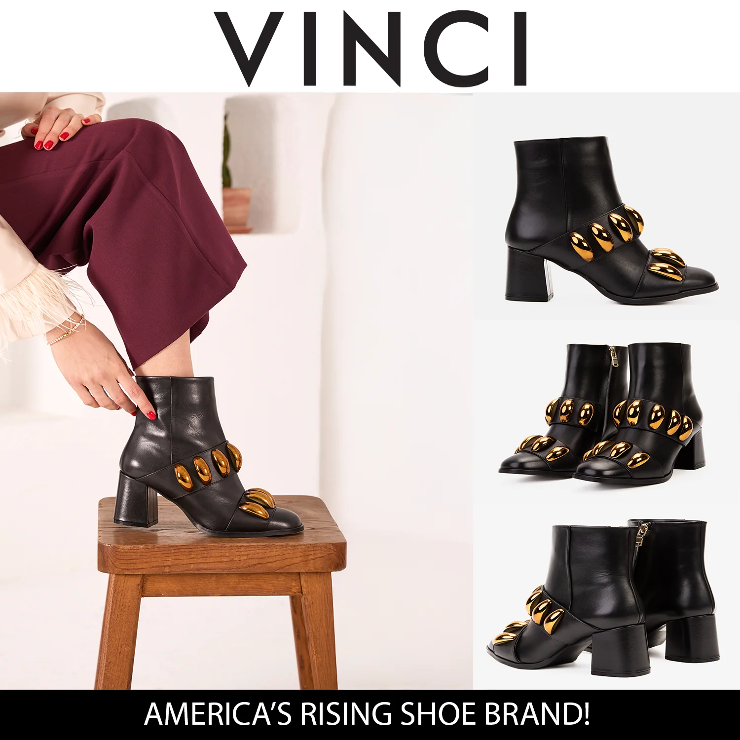The Eclipse Black & Gold Leather Block Heel Women Boot - Image 15