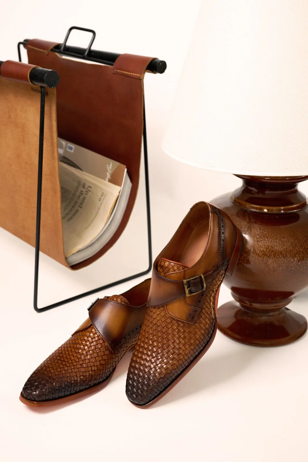 The Rolls Woven Tan Leather Single Monk Strap Handmade Men Shoe - Image 12