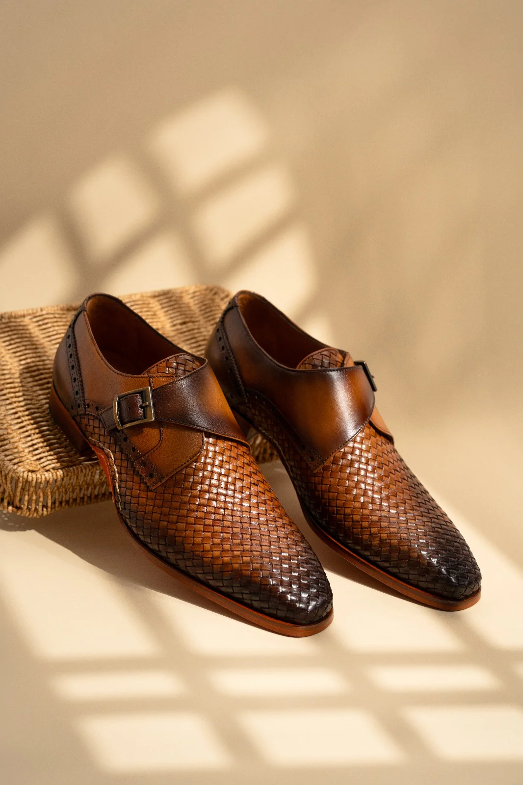 The Rolls Woven Tan Leather Single Monk Strap Handmade Men Shoe - Image 14
