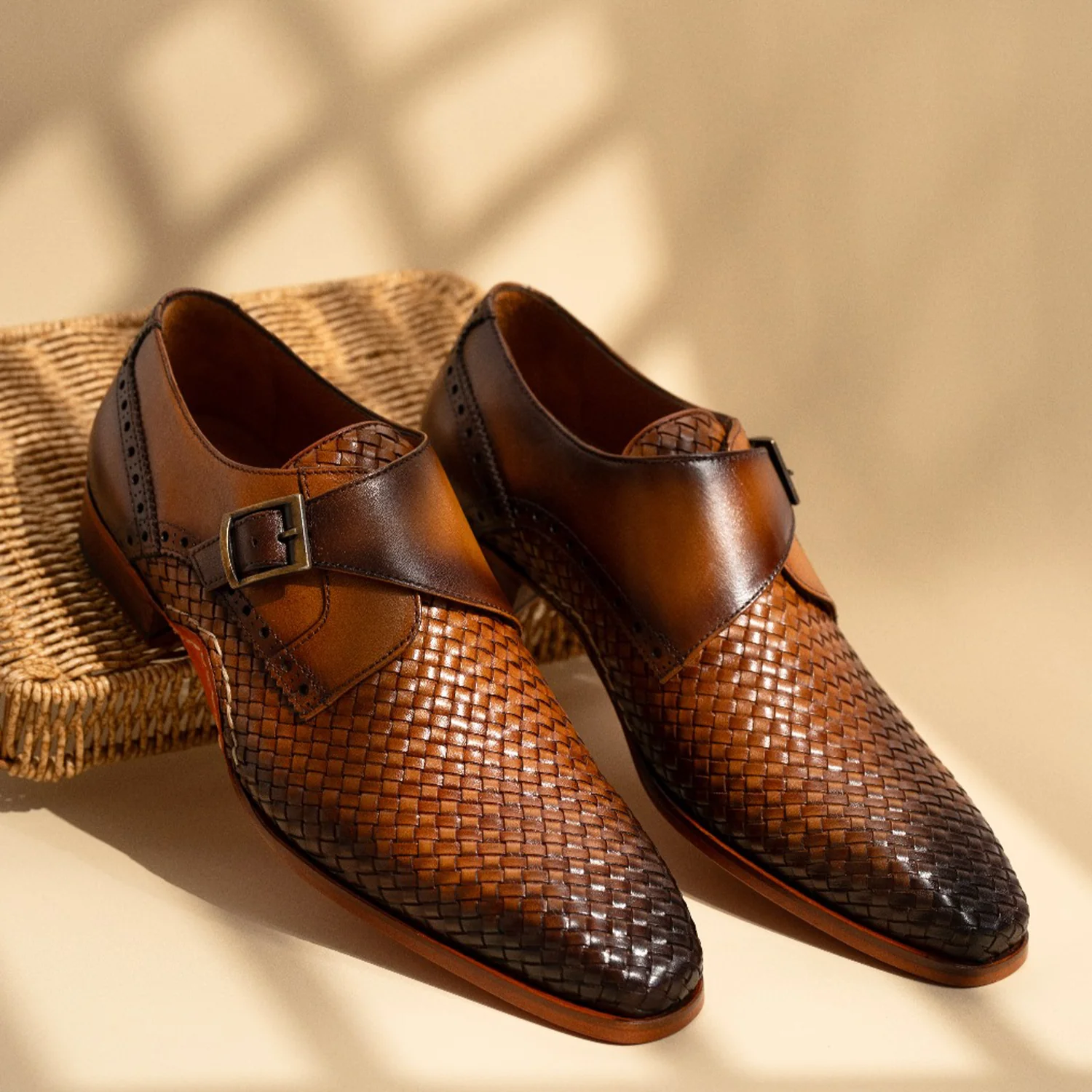 The Rolls Woven Tan Leather Single Monk Strap Handmade Men Shoe - Image 16