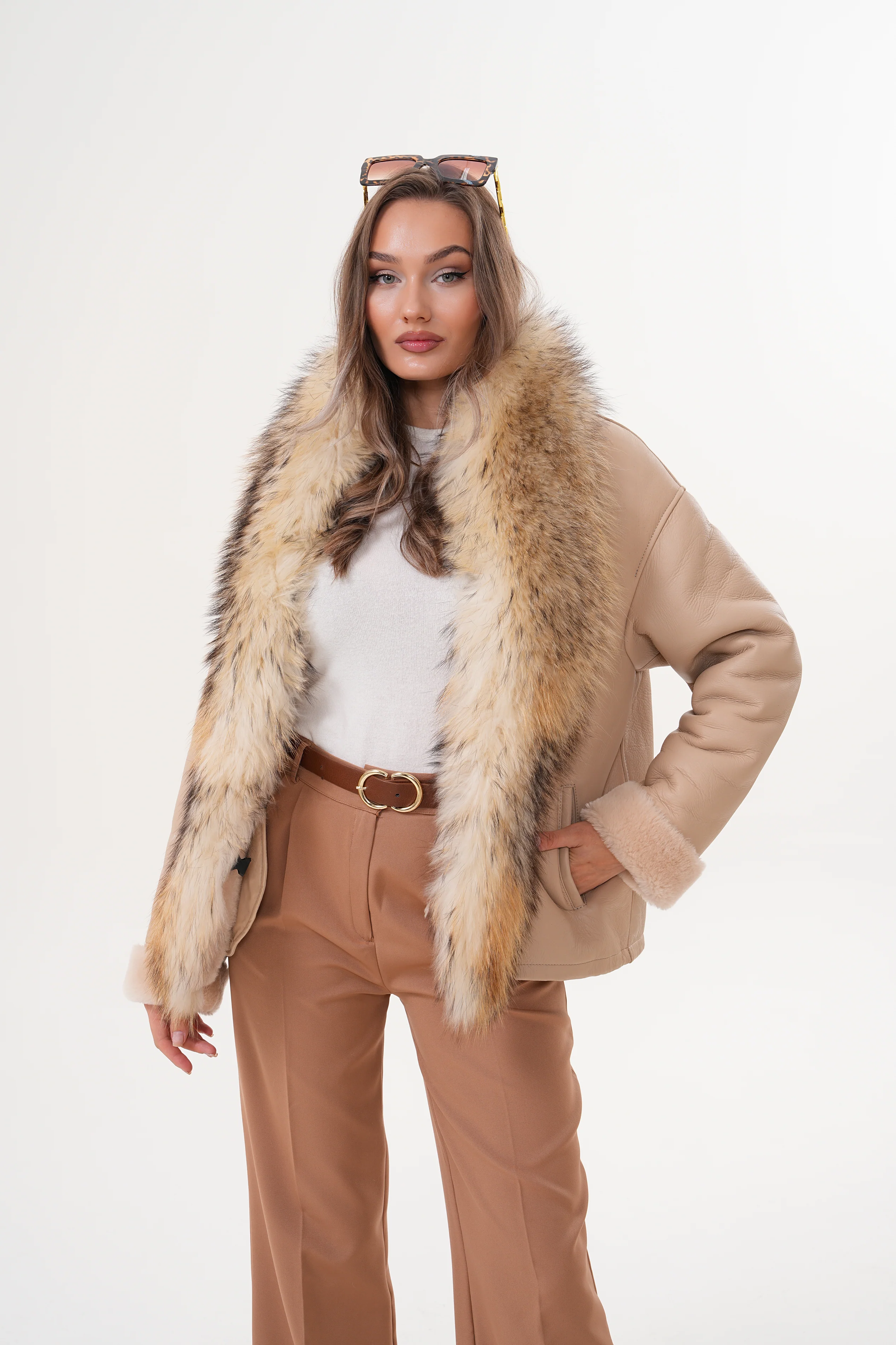 The Elise Beige Shearling Leather Women Jacket - Image 10