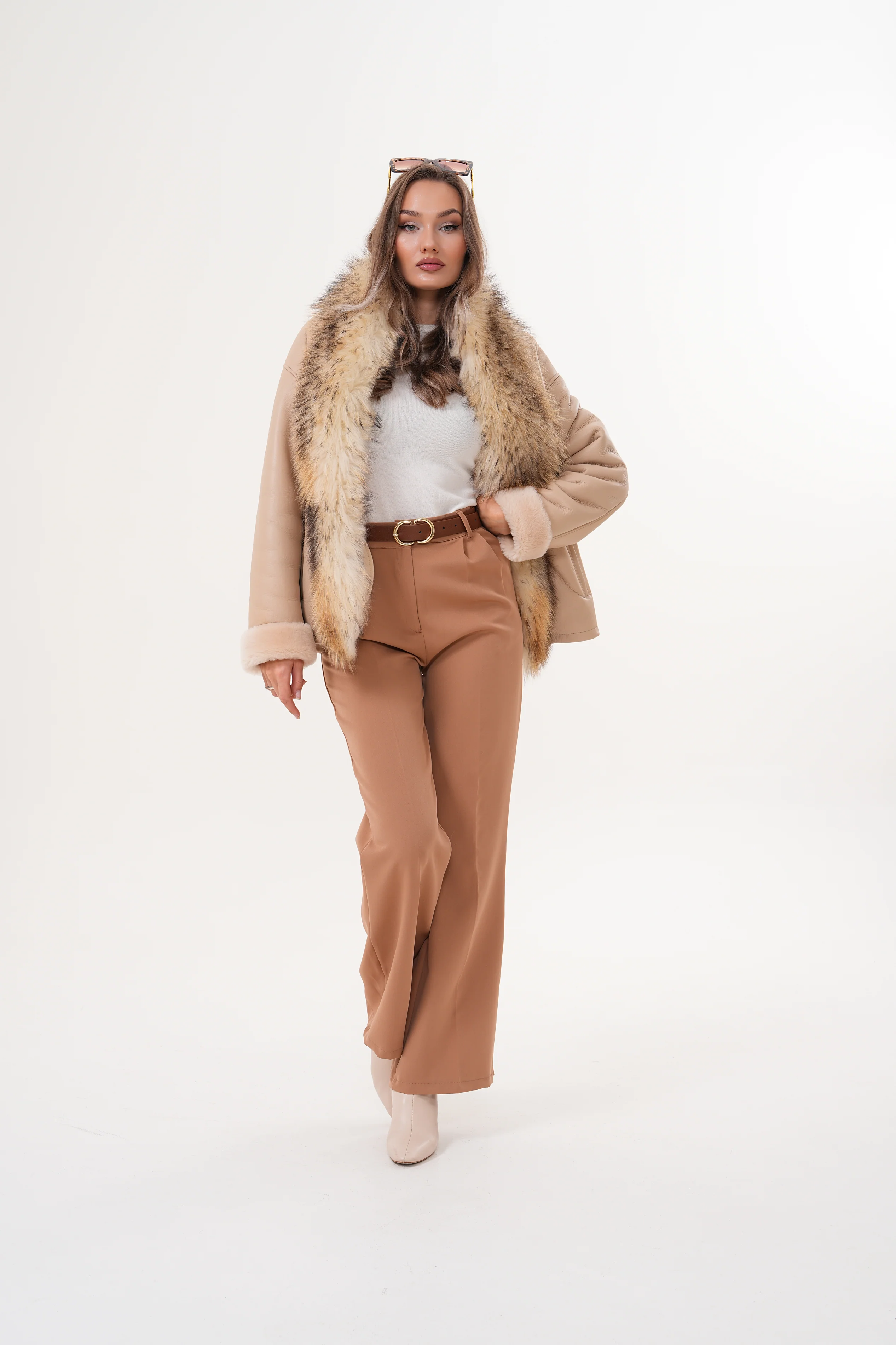 The Elise Beige Shearling Leather Women Jacket - Image 2