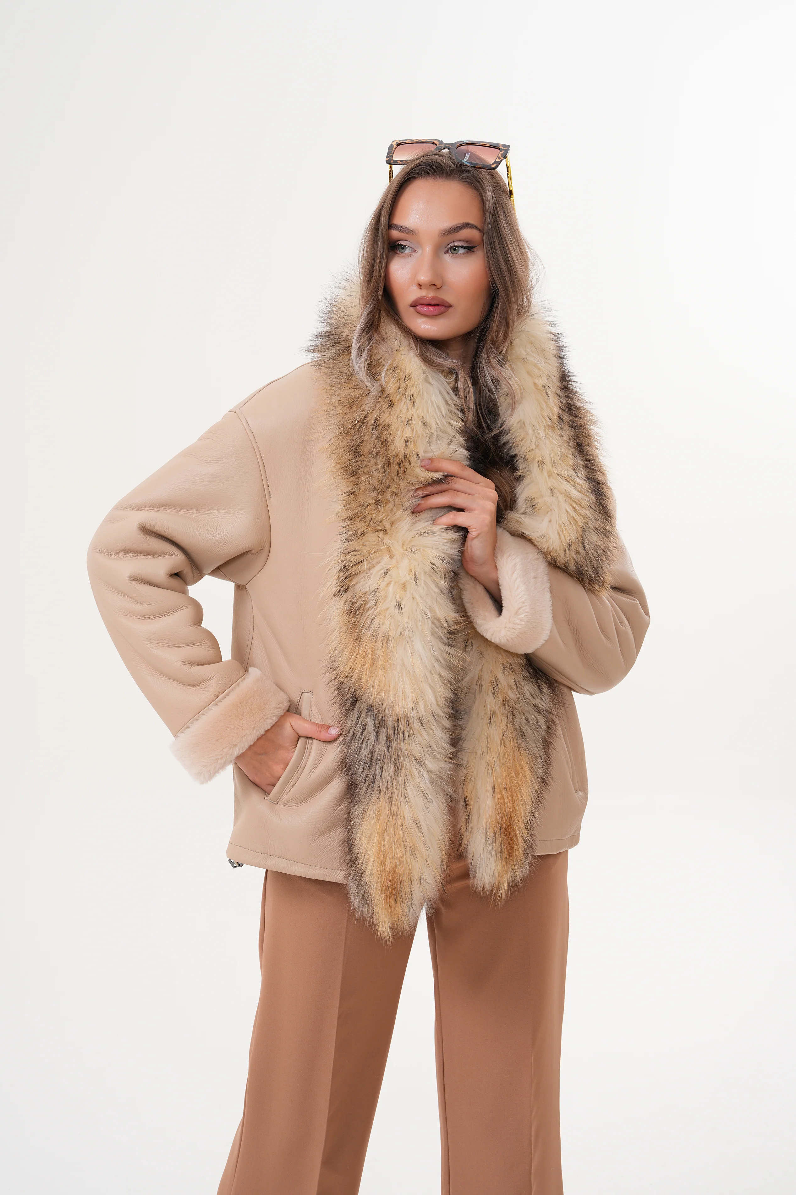 The Elise Beige Shearling Leather Women Jacket - Image 6