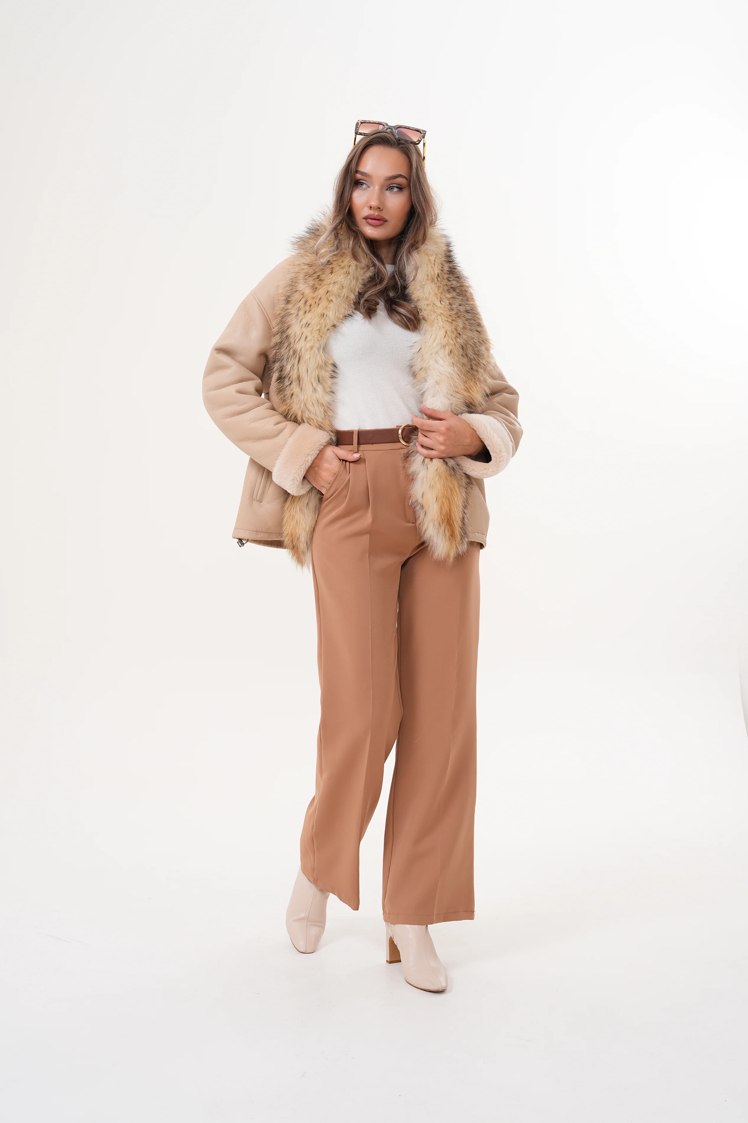 The Elise Beige Shearling Leather Women Jacket - Image 8
