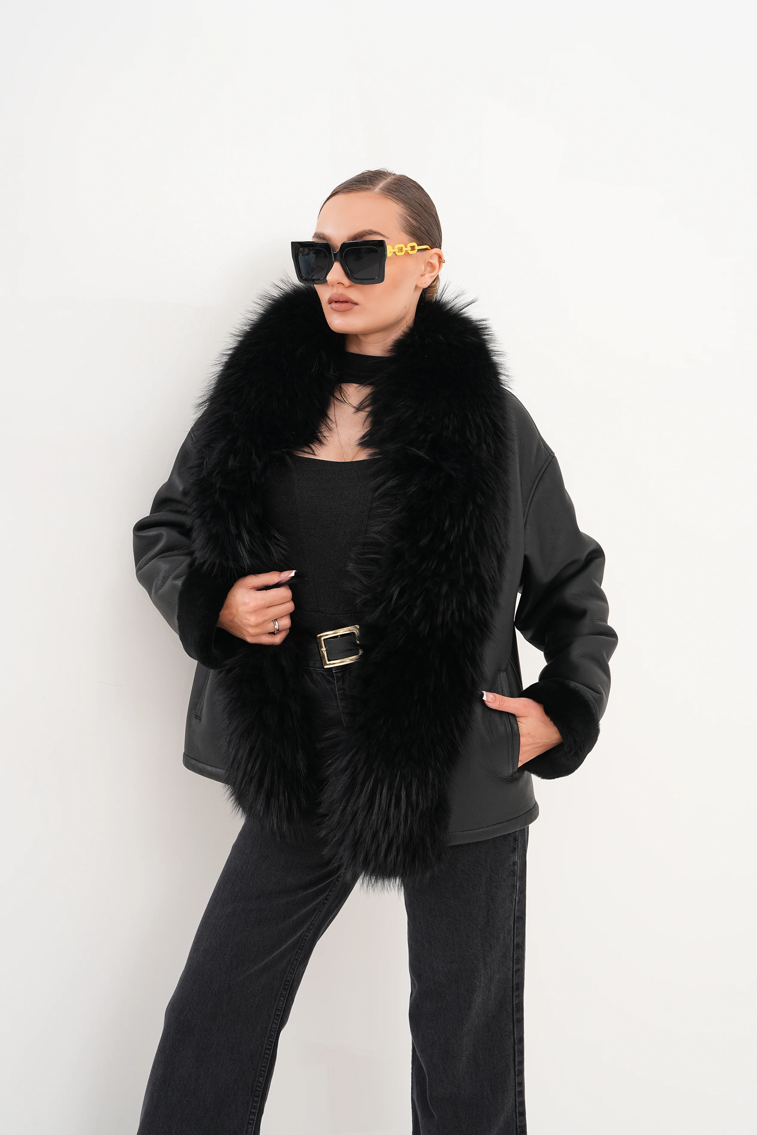 The Elise Black Shearling Leather Jacket - Image 12