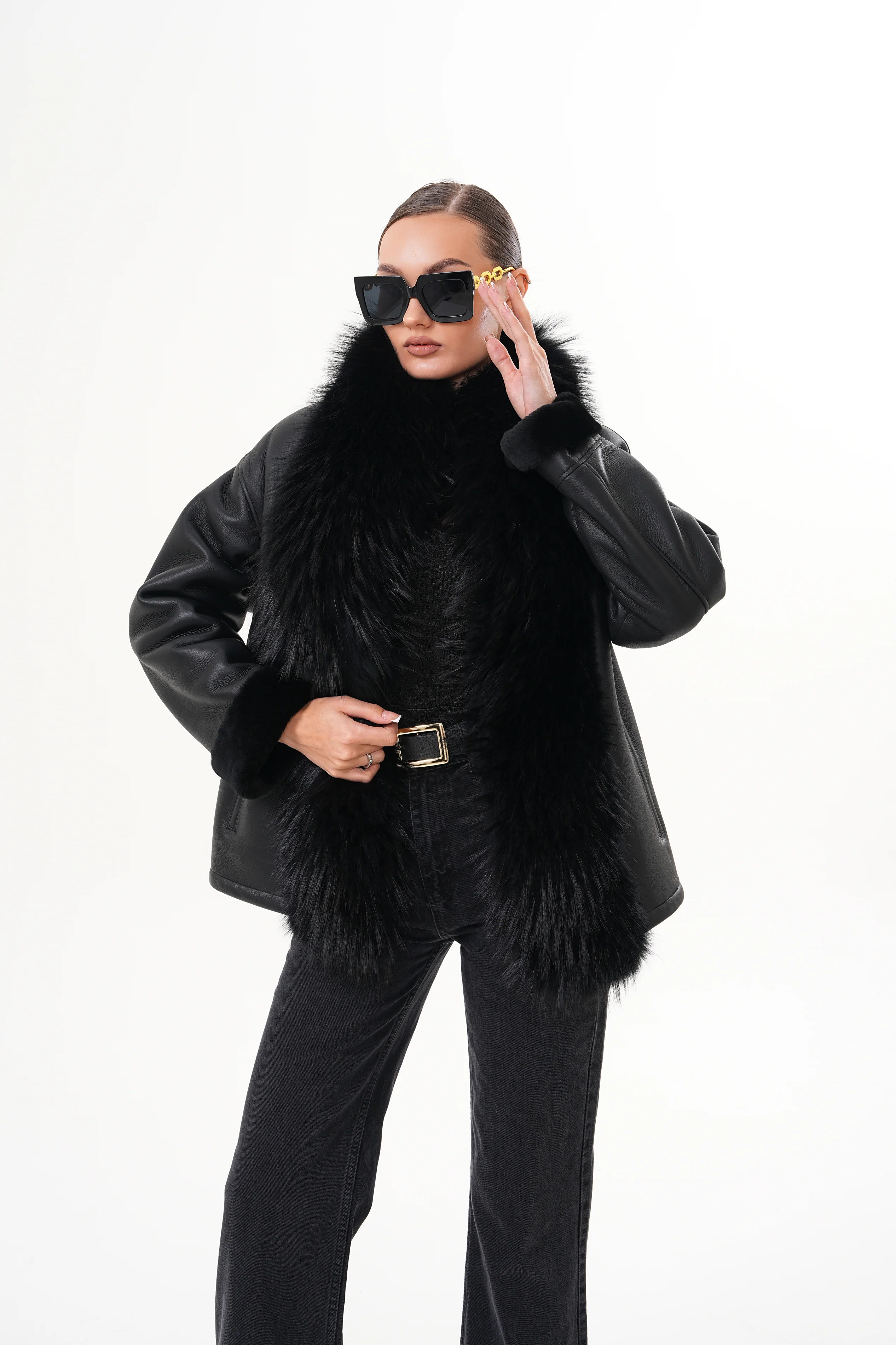 The Elise Black Shearling Leather Jacket - Image 24