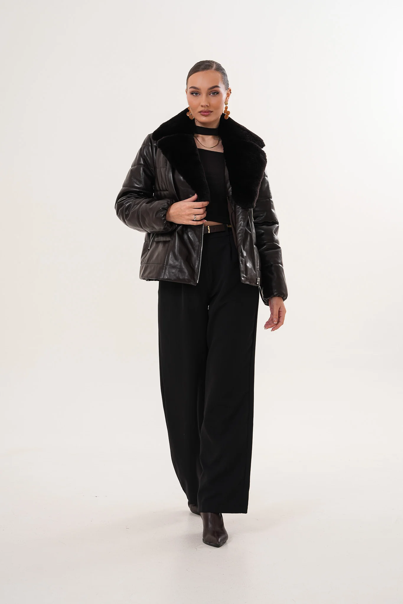 The Elvaris Dark Chocolate Leather Women Jacket with Fur Collar - Image 11
