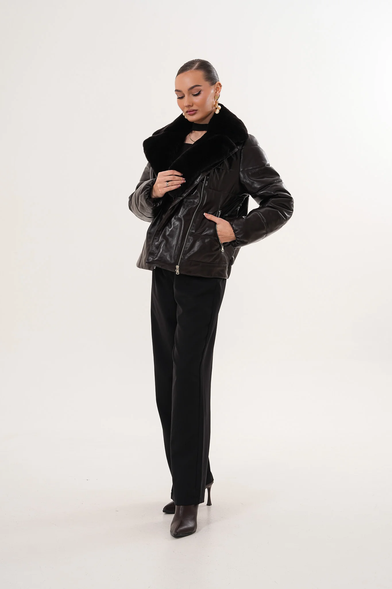 The Elvaris Dark Chocolate Leather Women Jacket with Fur Collar - Image 12
