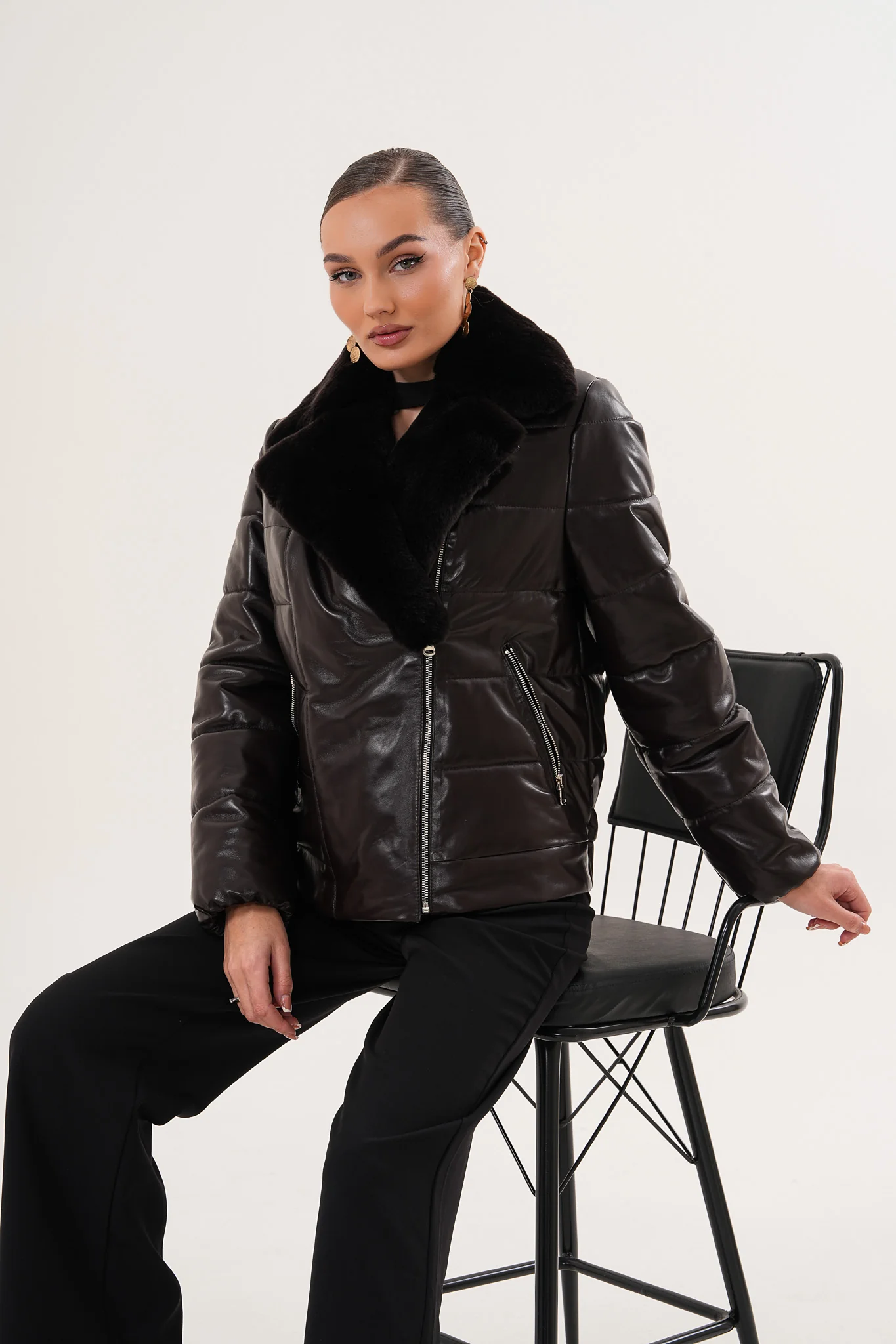 The Elvaris Dark Chocolate Leather Women Jacket with Fur Collar - Image 6