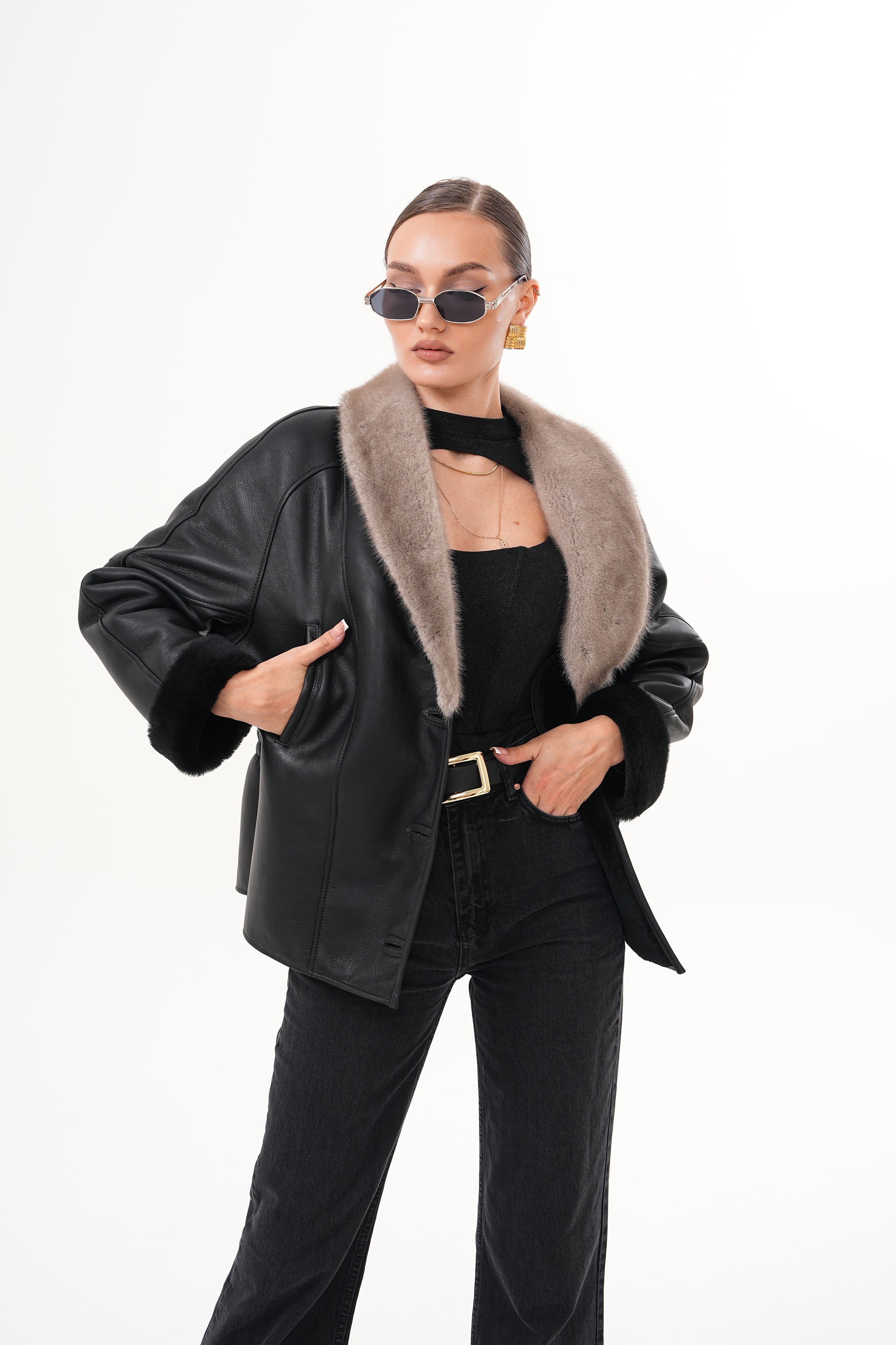 The Estelle Black & Beige Shearling Leather Women Jacket - Image 2