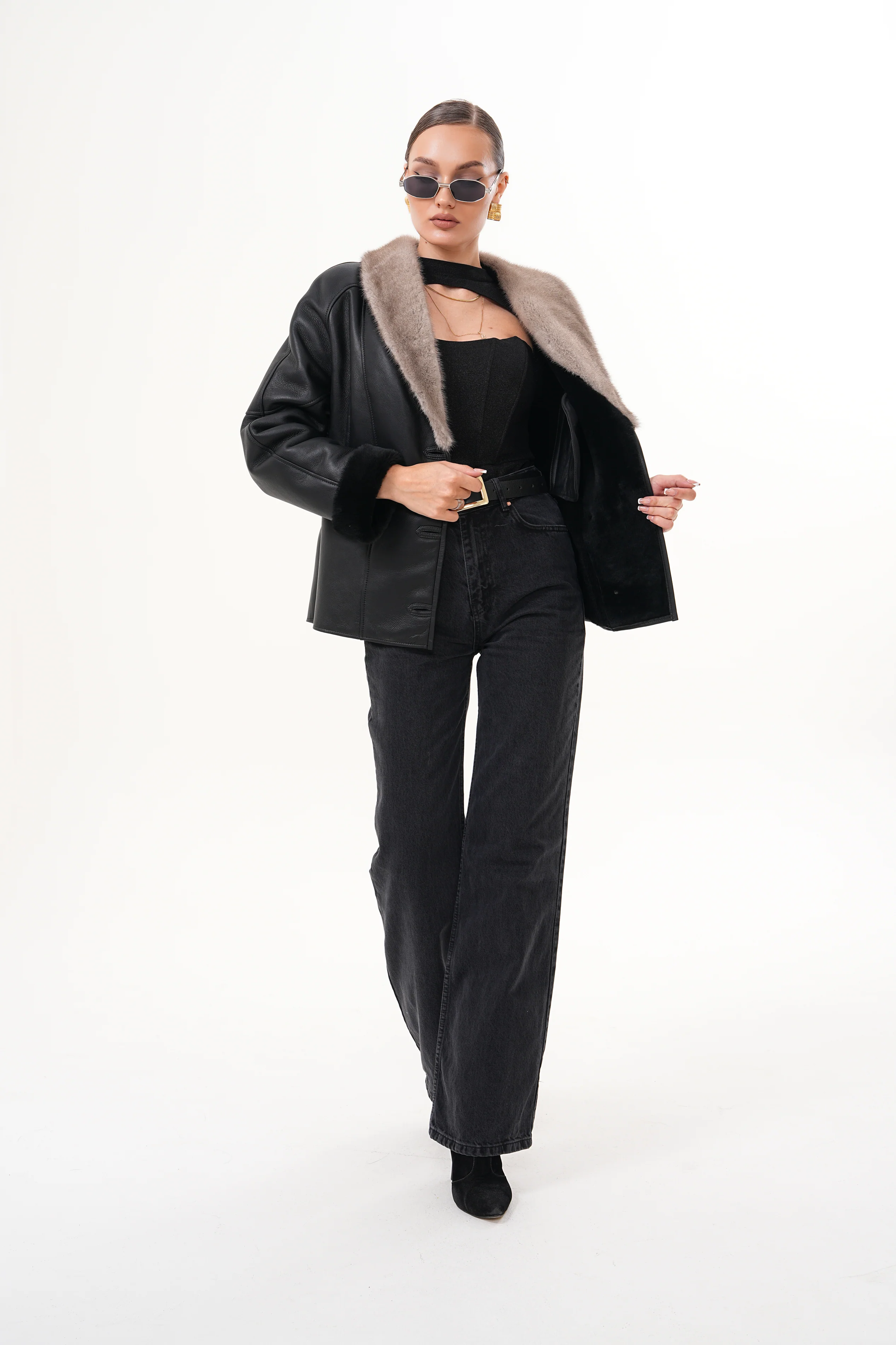 The Estelle Black & Beige Shearling Leather Women Jacket - Image 3