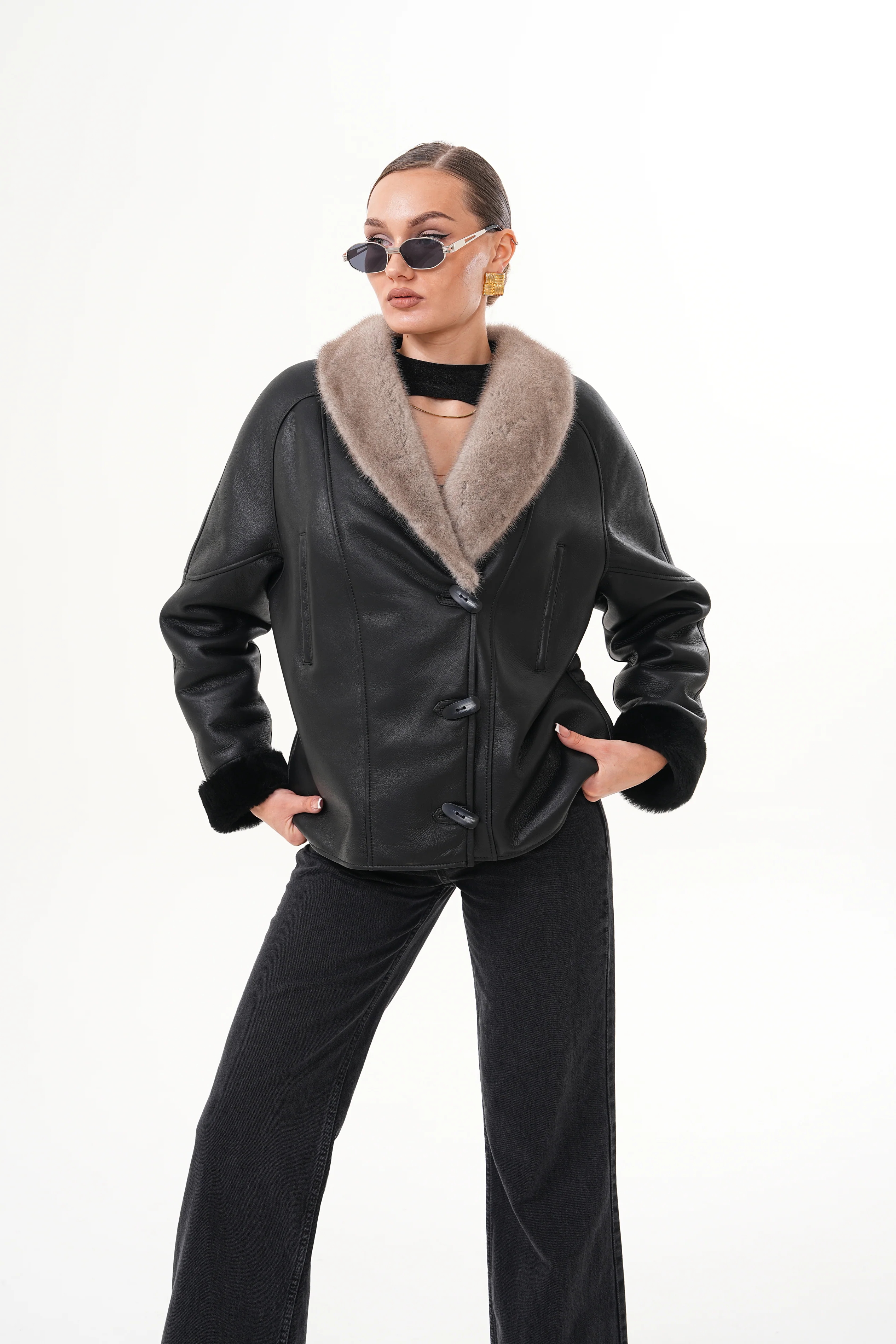 The Estelle Black & Beige Shearling Leather Women Jacket - Image 4