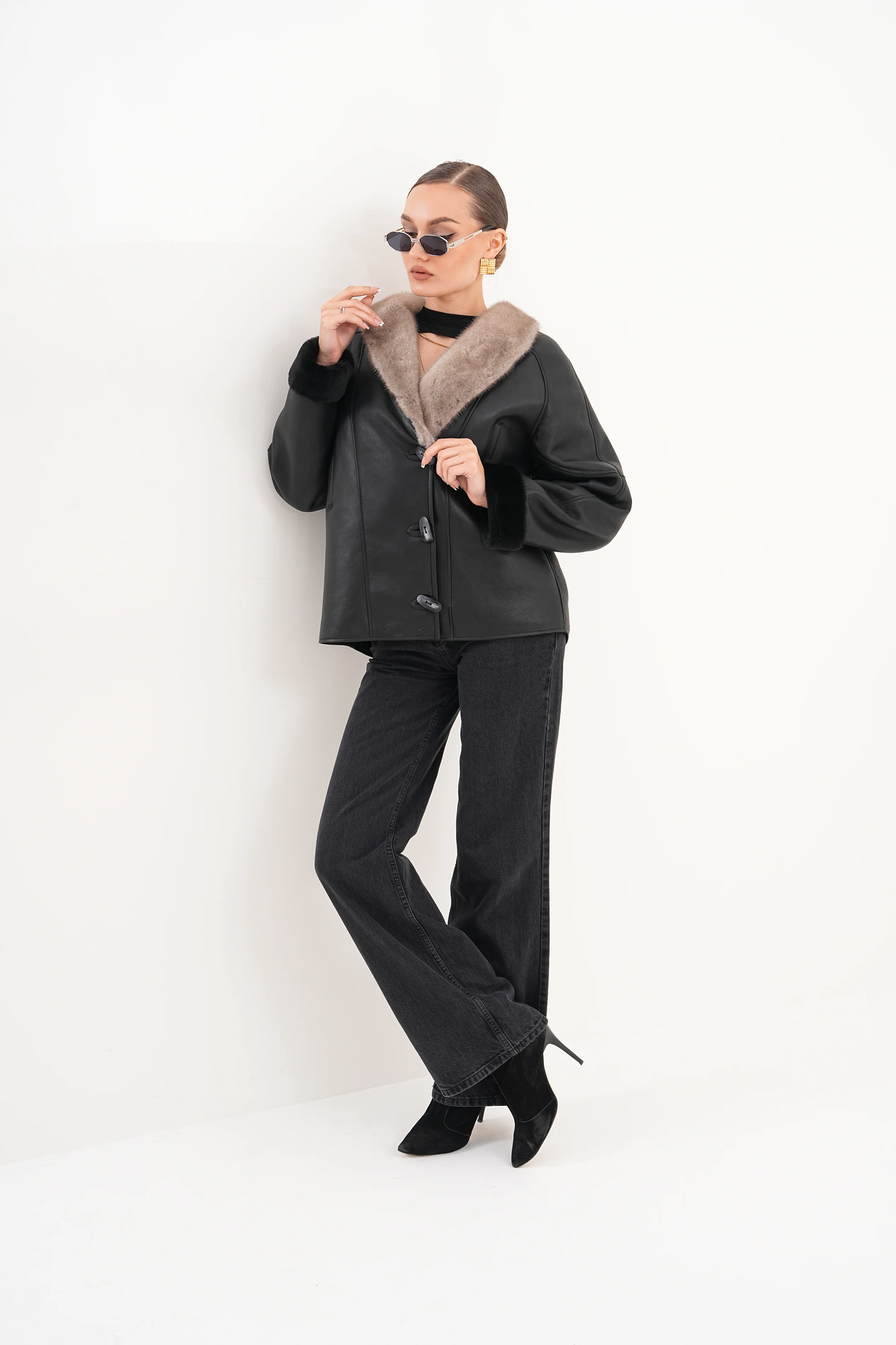 The Estelle Black & Beige Shearling Leather Women Jacket - Image 7