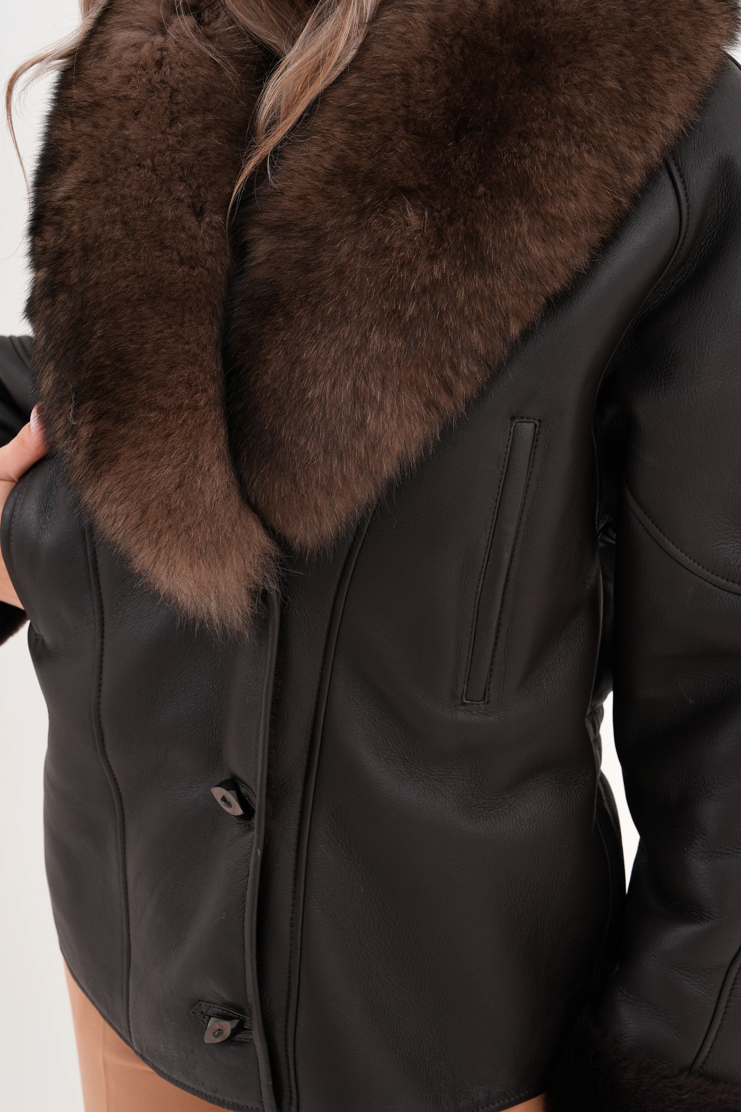 The Estelle Black & Brown Shearling Leather Women Jacket - Image 2