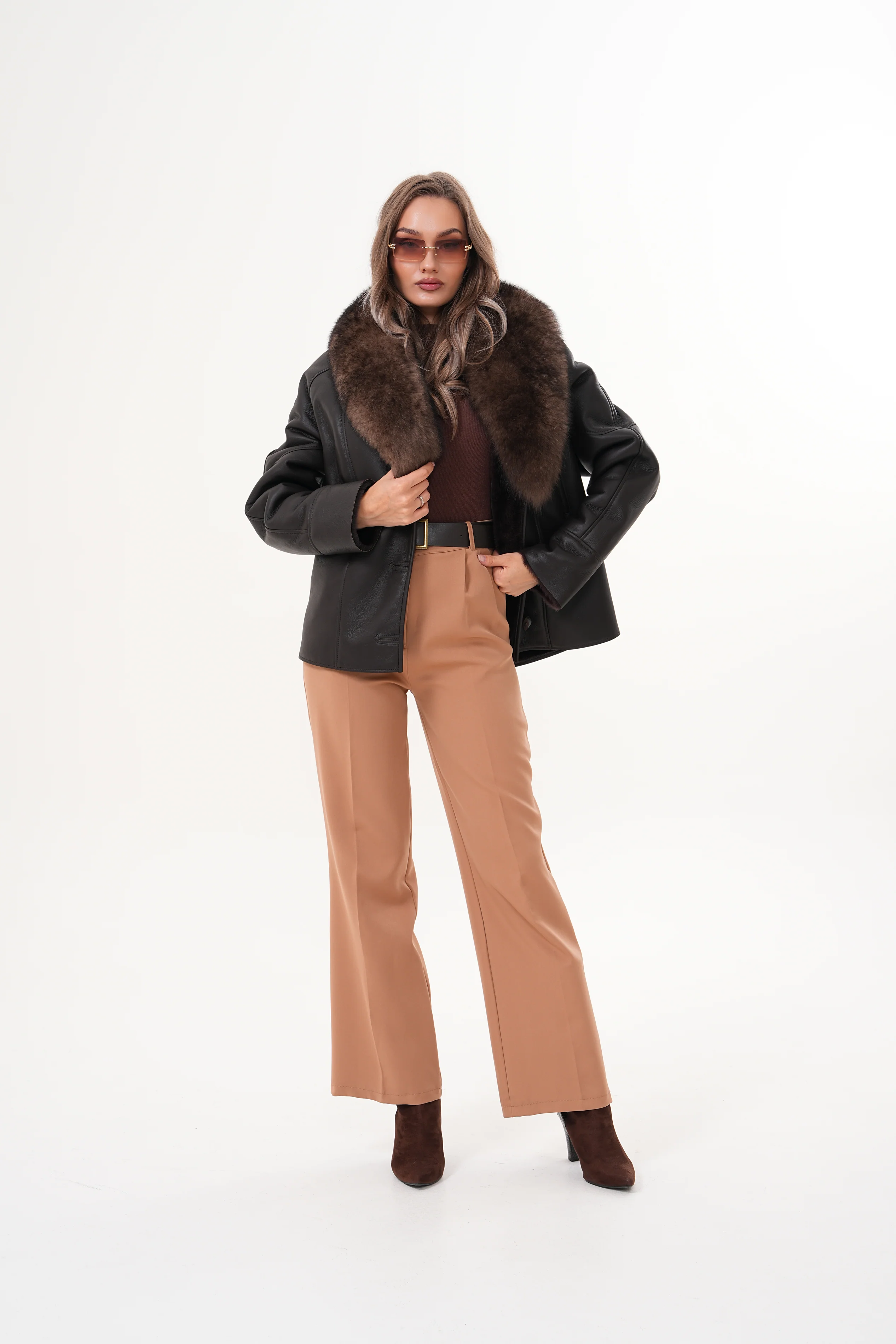 The Estelle Black & Brown Shearling Leather Women Jacket - Image 3