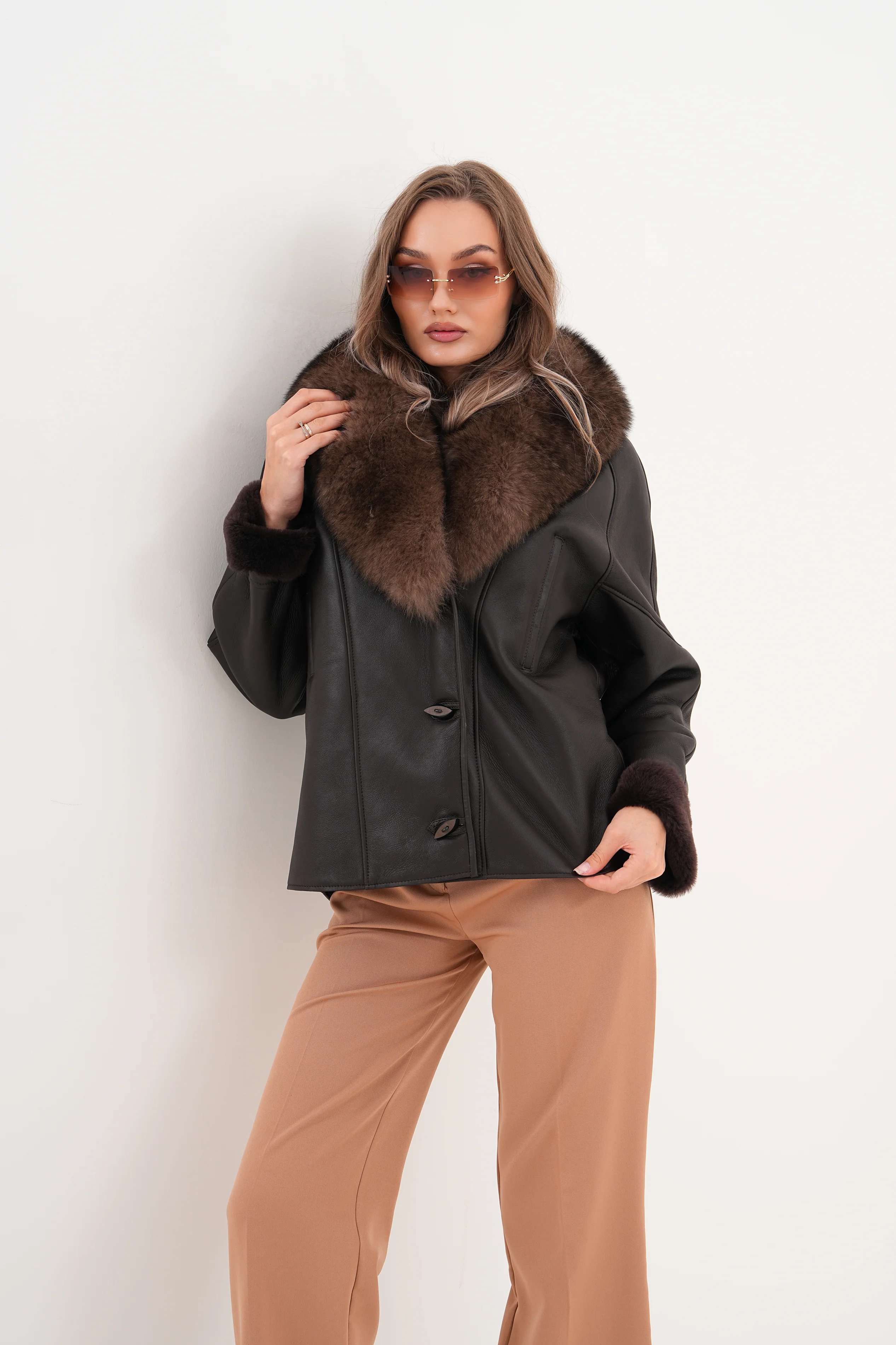 The Estelle Black & Brown Shearling Leather Women Jacket - Image 4