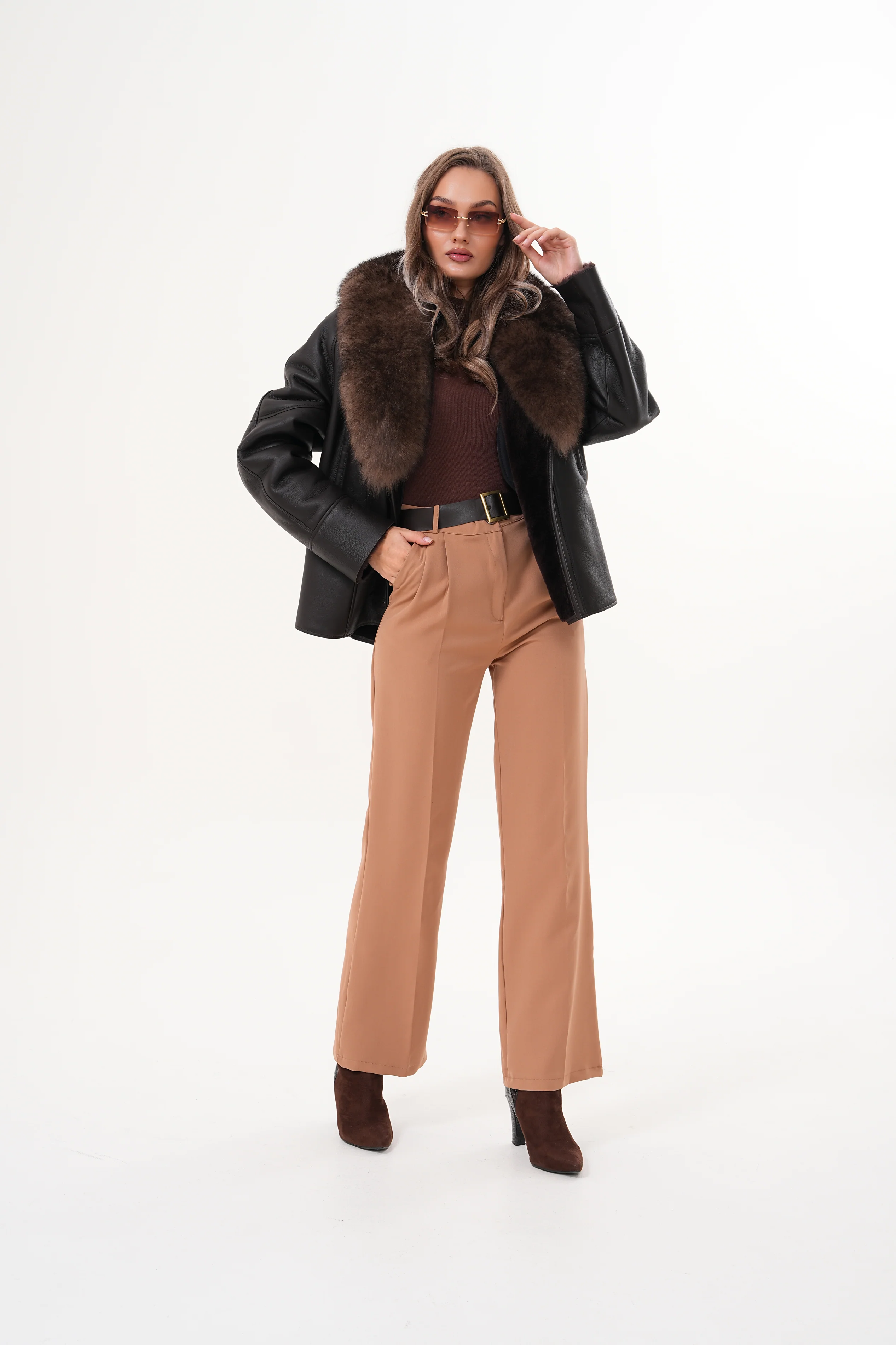 The Estelle Black & Brown Shearling Leather Women Jacket - Image 5