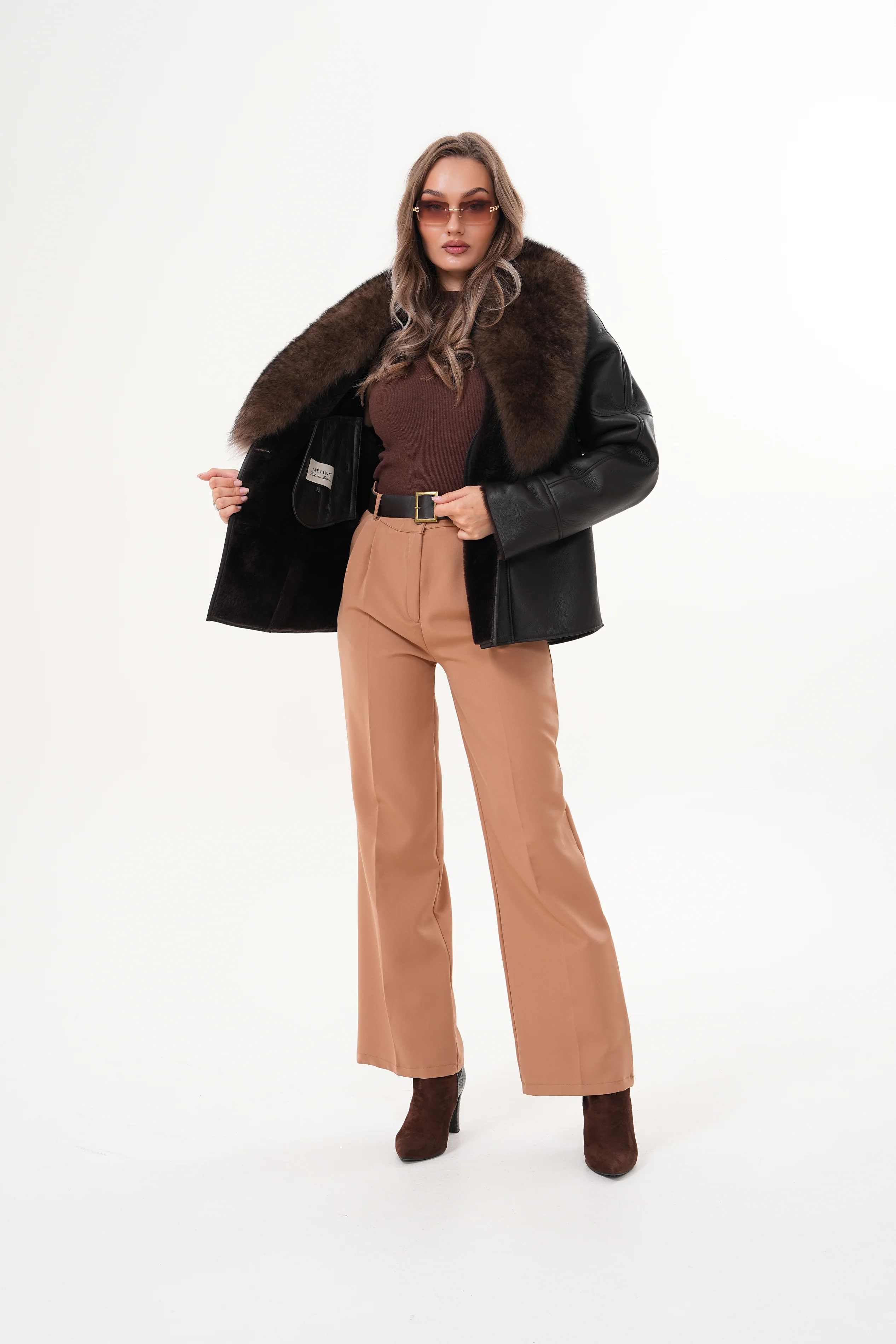 The Estelle Black & Brown Shearling Leather Women Jacket - Image 6