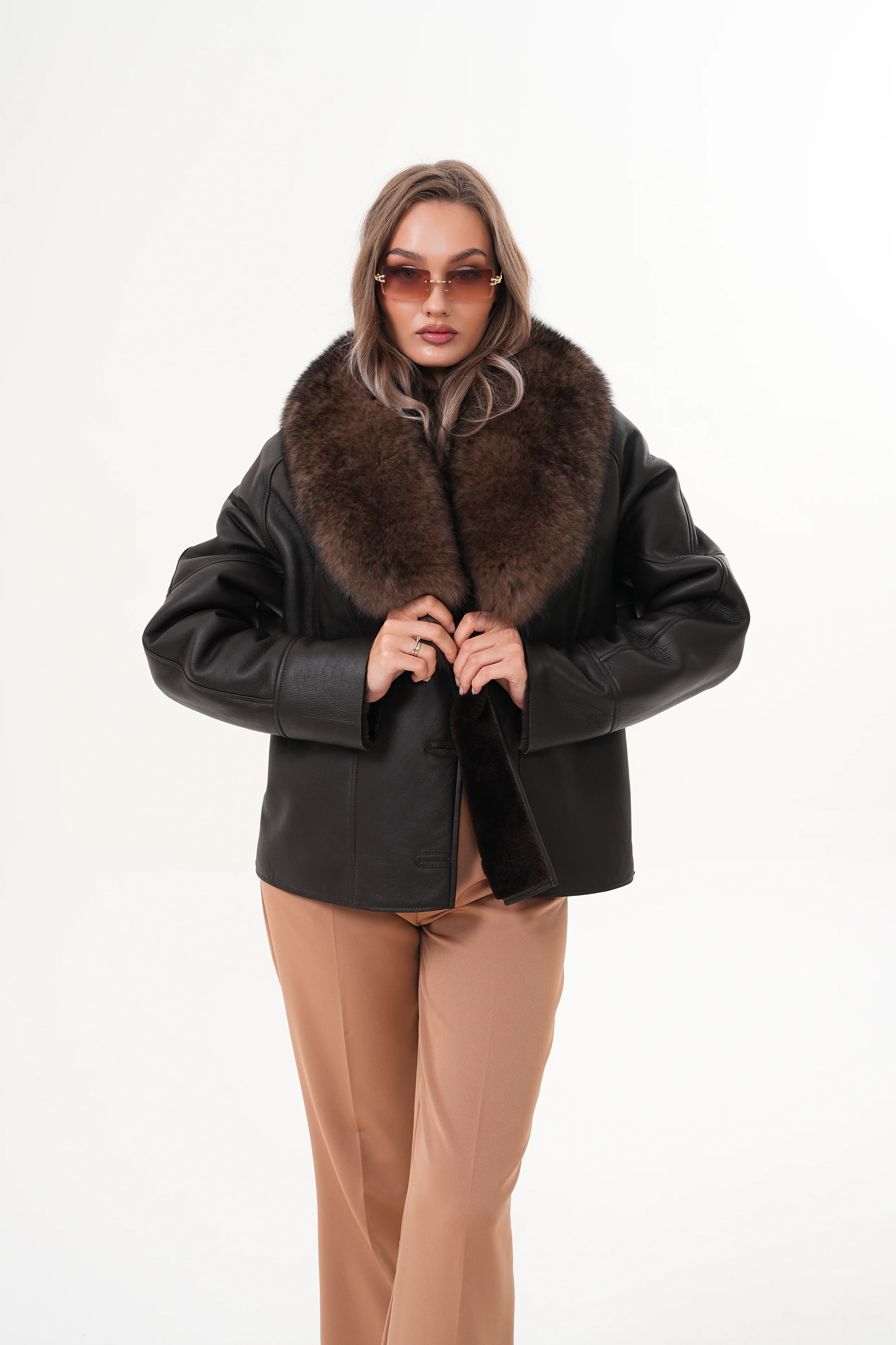 The Estelle Black & Brown Shearling Leather Women Jacket - Image 8