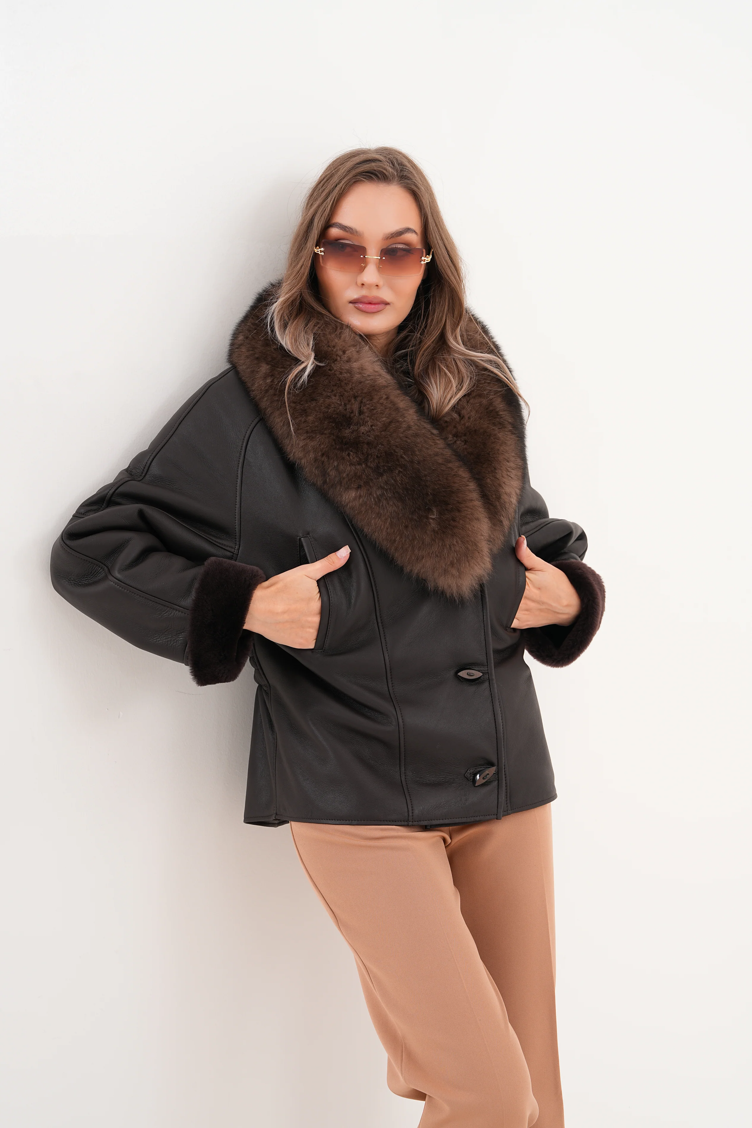 The Estelle Black & Brown Shearling Leather Women Jacket - Image 9