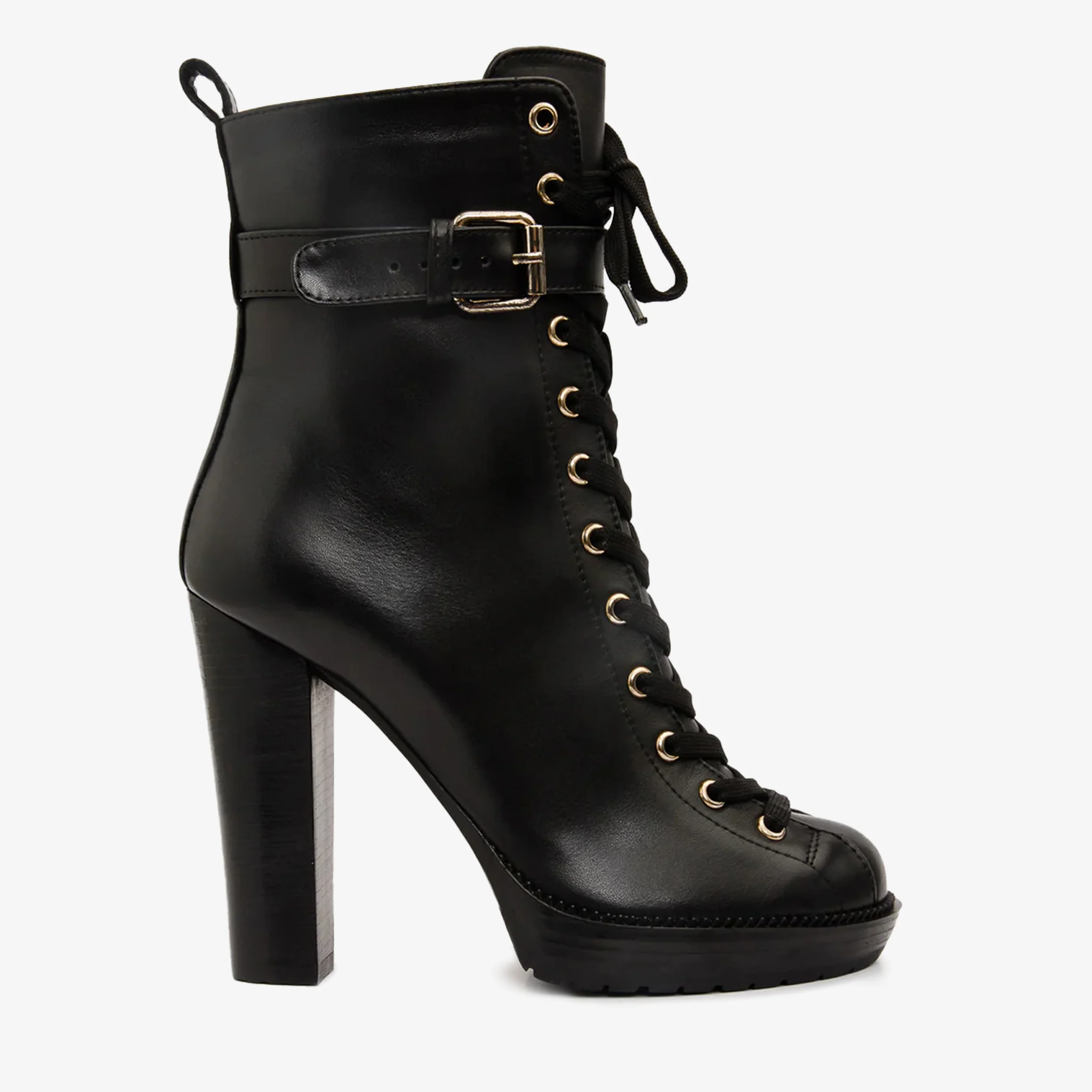 The Estrada Black Leather Lace-Up Platform Heel Mid Calf Women Boot - Image 2
