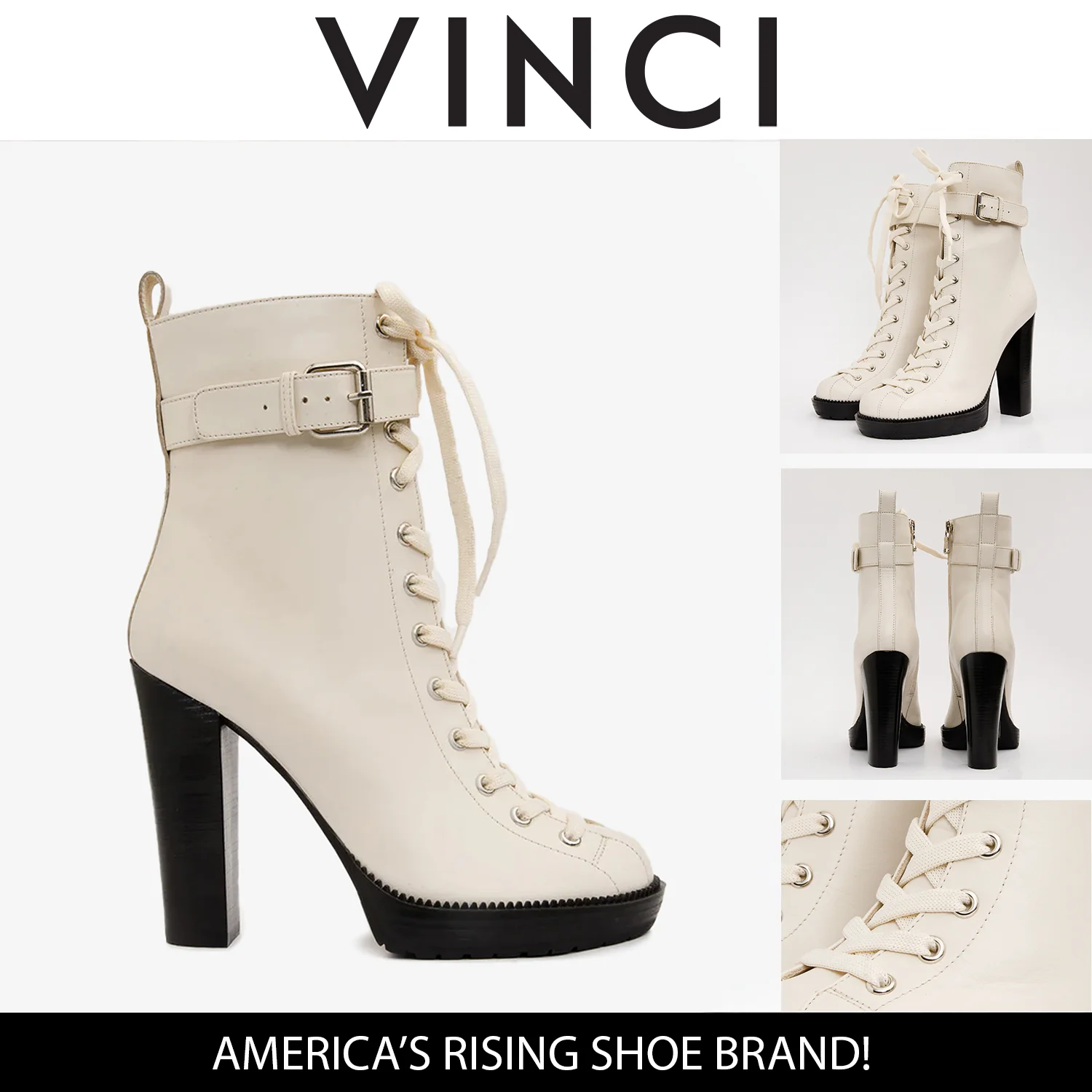 The Estrada Cream Leather Lace-Up Platform Heel Mid Calf Women Boot