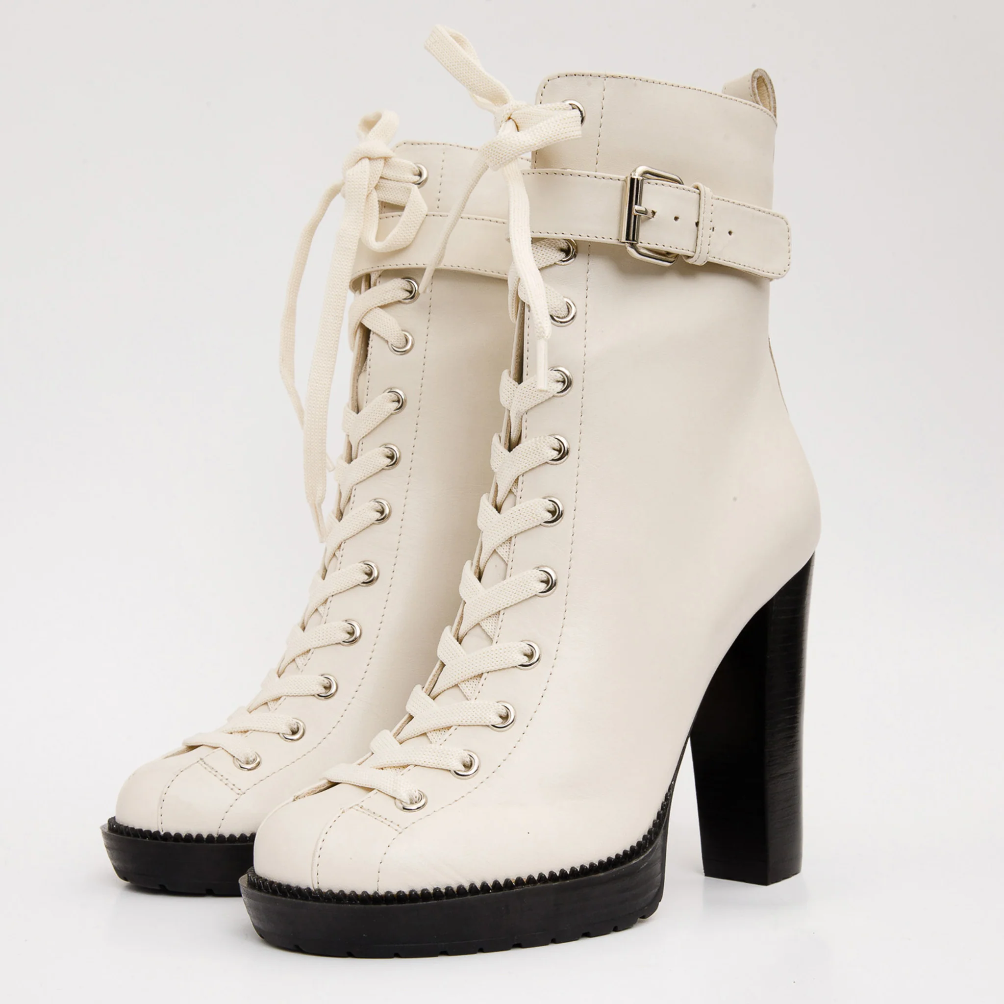 The Estrada Cream Leather Lace-Up Platform Heel Mid Calf Women Boot - Image 3