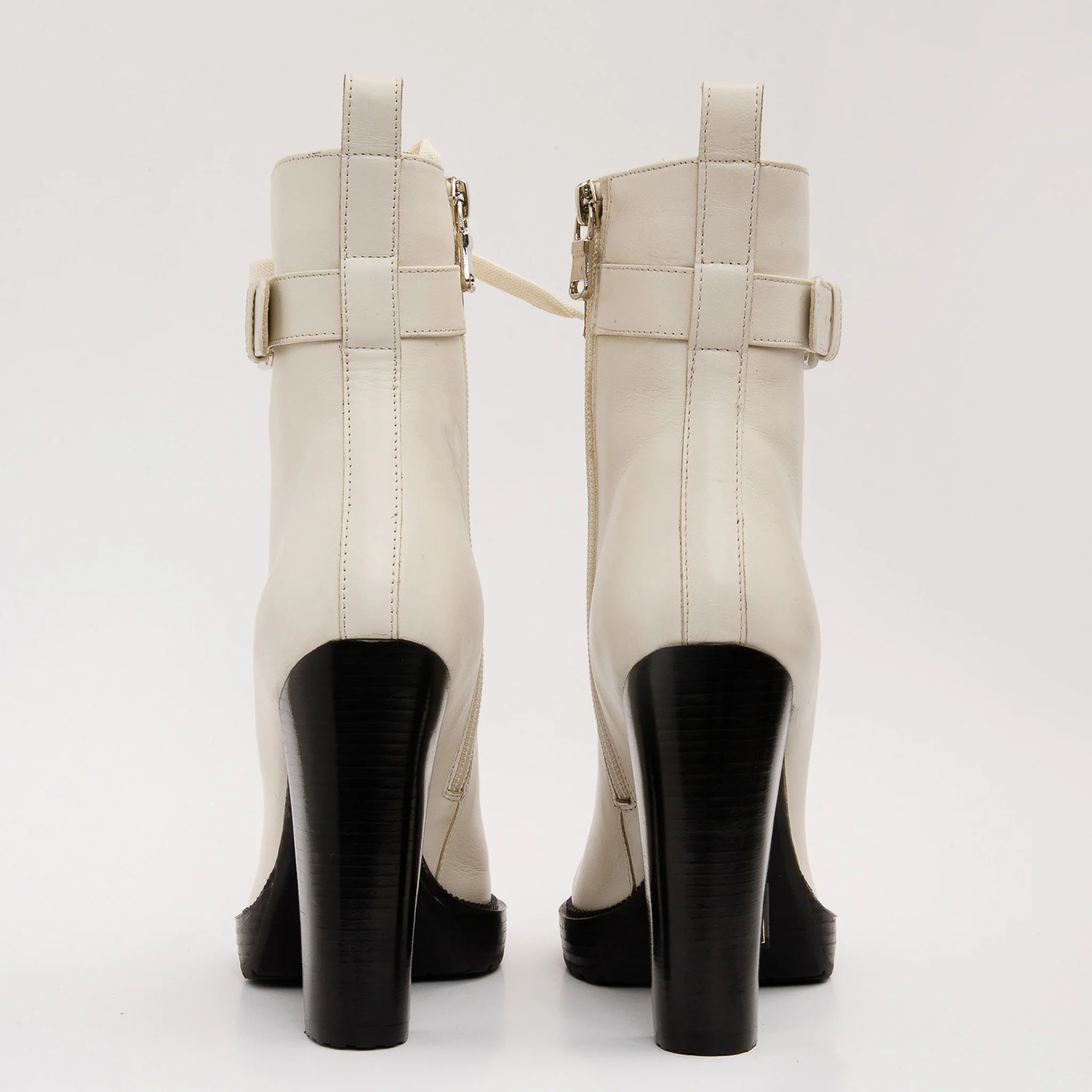The Estrada Cream Leather Lace-Up Platform Heel Mid Calf Women Boot - Image 5