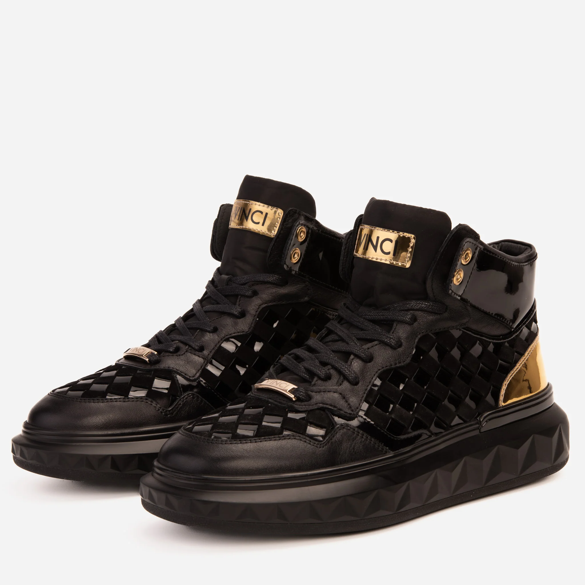 The Eugene Black & Gold Woven Leather High-Top Men Sneaker - Image 2