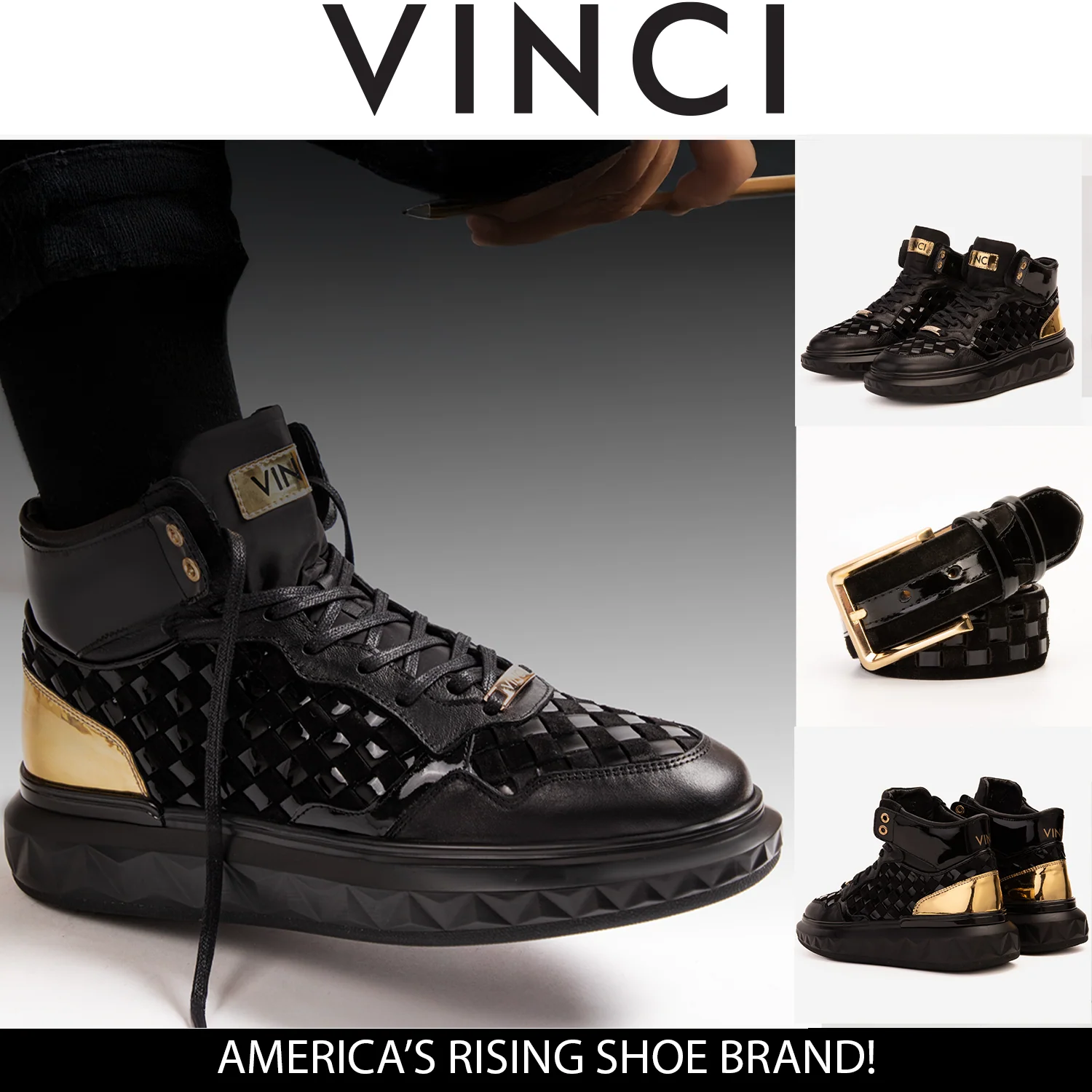 The Eugene Black & Gold Woven Leather High-Top Men Sneaker - Image 5