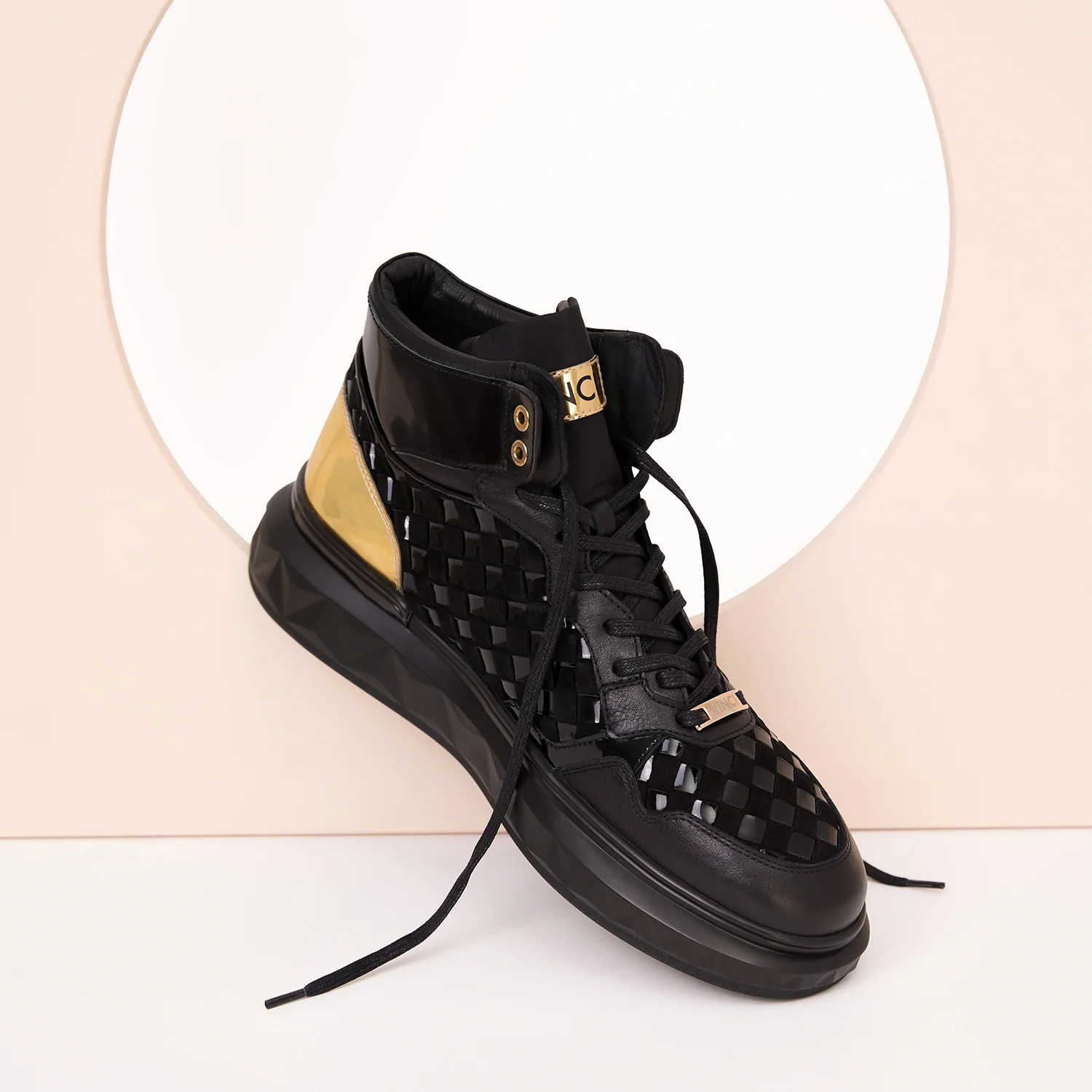 The Eugene Black & Gold Woven Leather High-Top Men Sneaker - Image 9