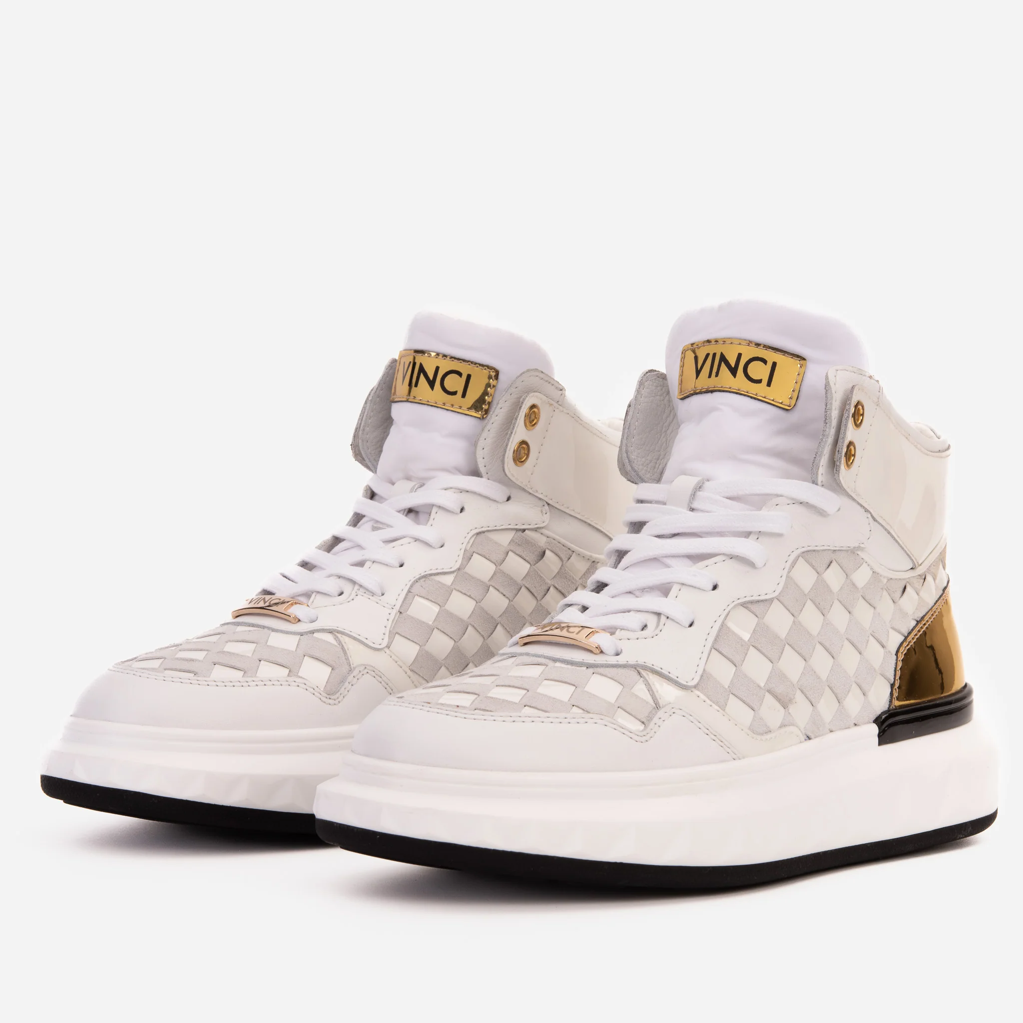The Eugene White & Gold Woven Leather High-Top Men Sneaker - Image 2