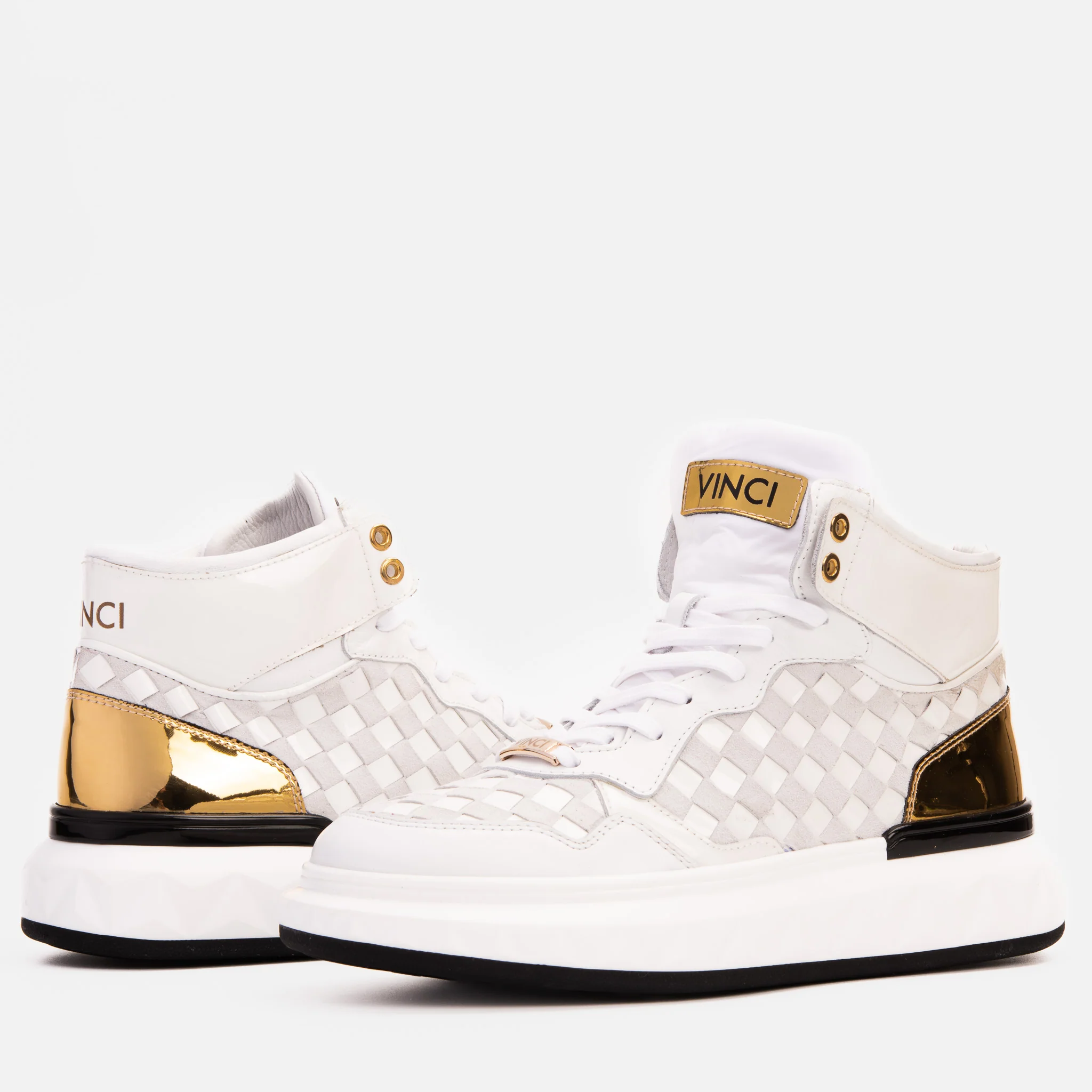 The Eugene White & Gold Woven Leather High-Top Men Sneaker - Image 4