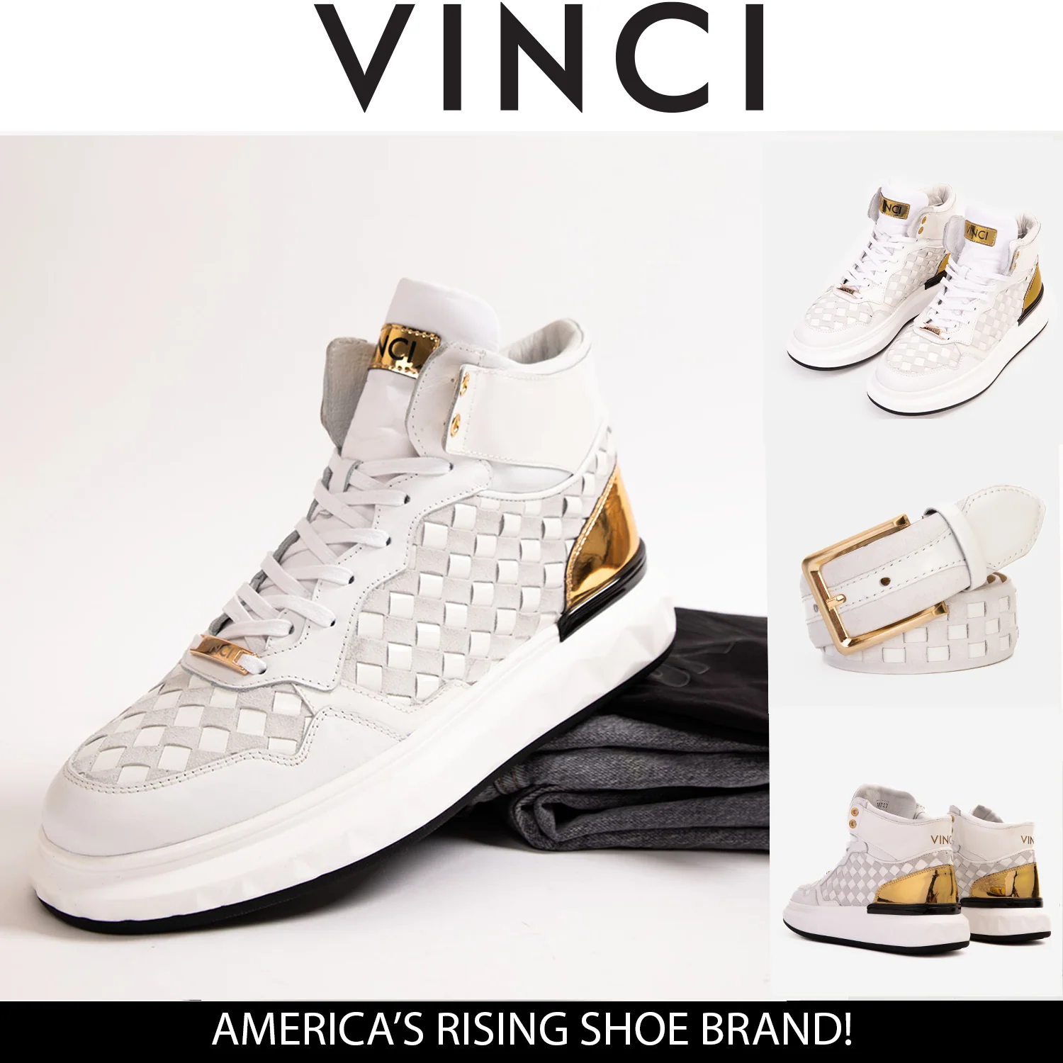 The Eugene White & Gold Woven Leather High-Top Men Sneaker - Image 5