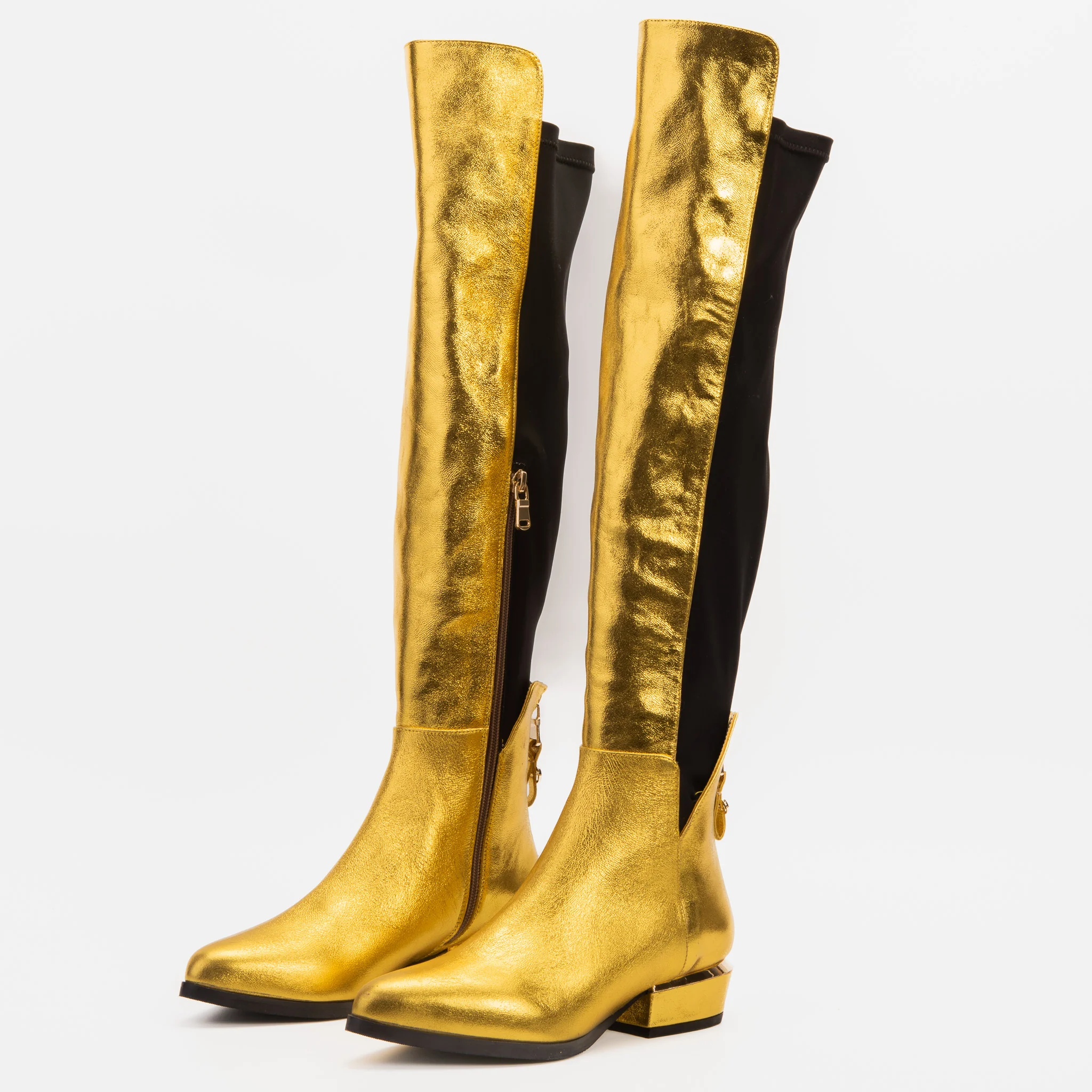 The Fairoks Gold Leather Pointy Toe Knee High Women Boot - Image 3