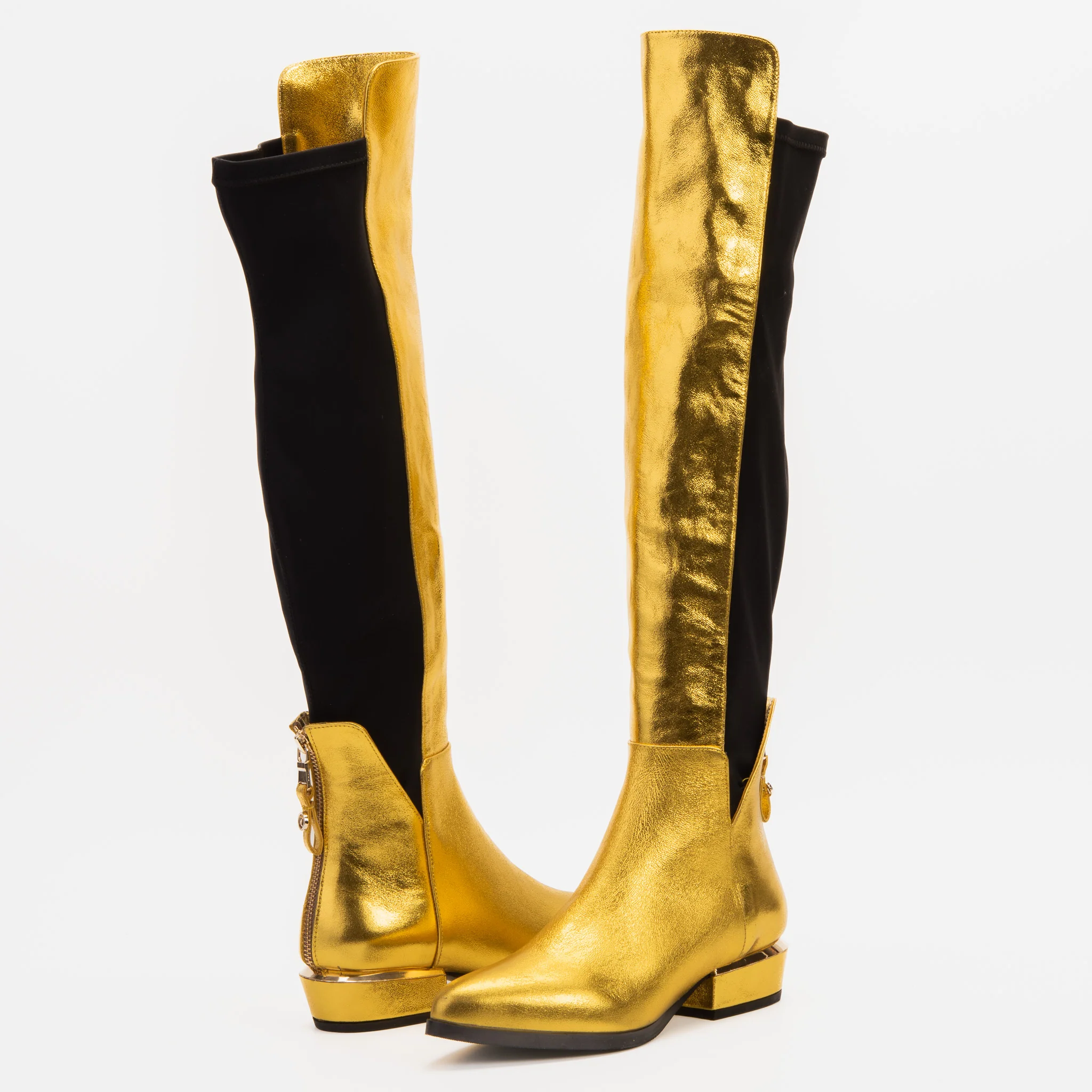 The Fairoks Gold Leather Pointy Toe Knee High Women Boot - Image 4