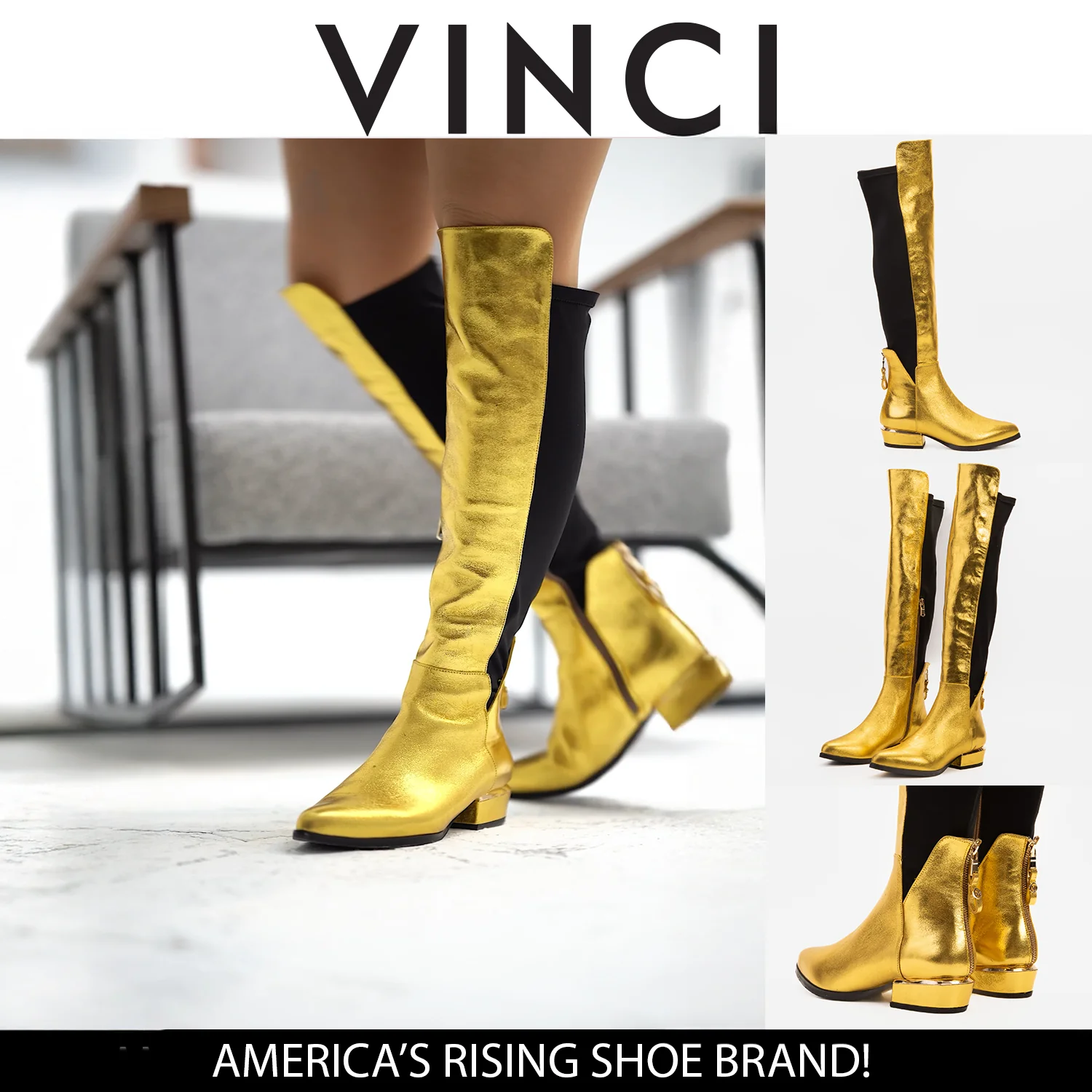 The Fairoks Gold Leather Pointy Toe Knee High Women Boot - Image 9