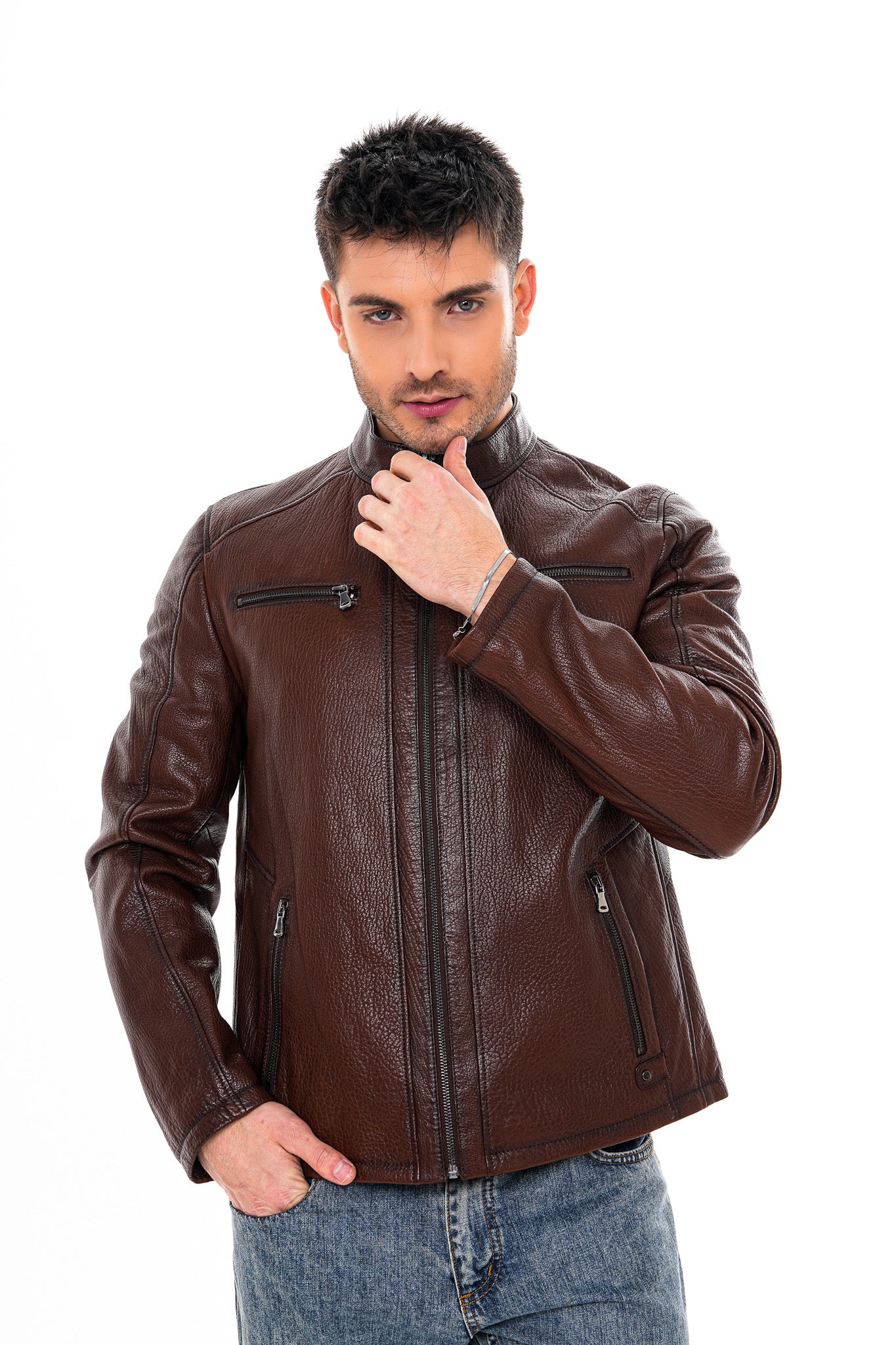The Falcon Brown Pebbled Leather Men Jacket - Image 9