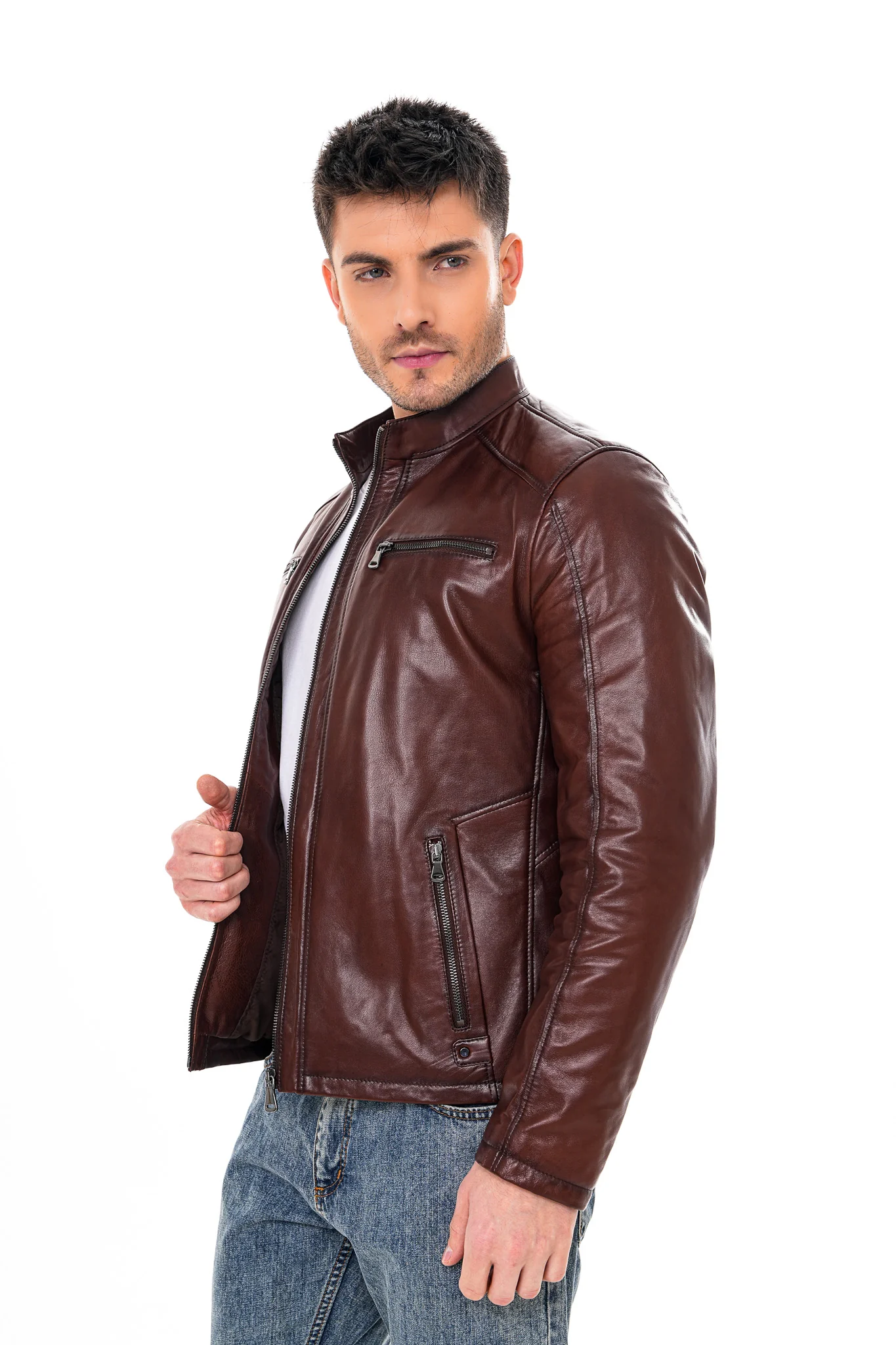 The Falcon Cognac Brown Smooth Leather Men Jacket - Image 5