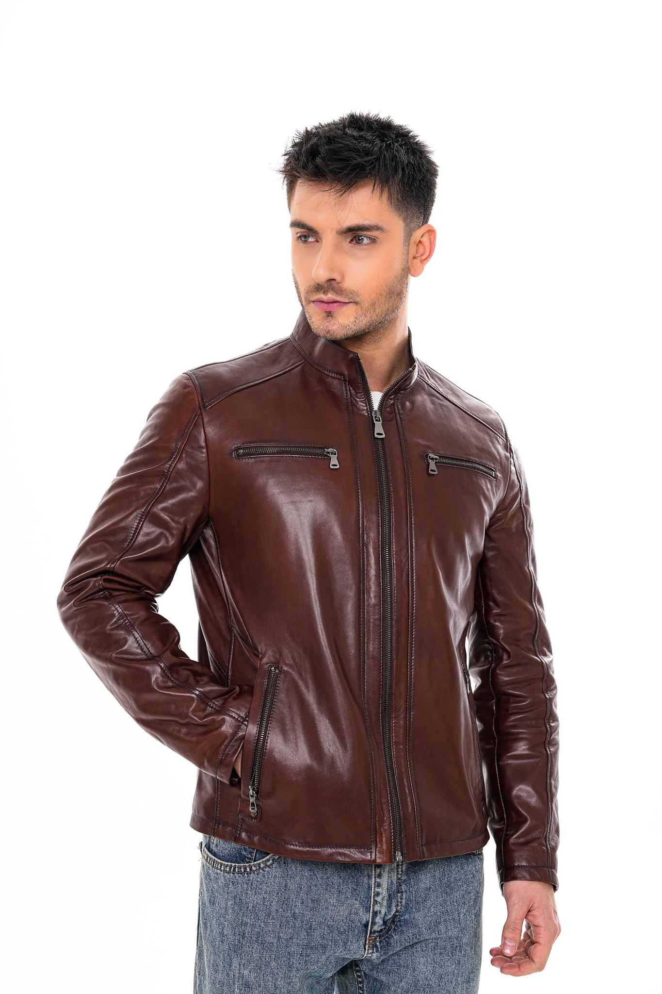 The Falcon Cognac Brown Smooth Leather Men Jacket - Image 9