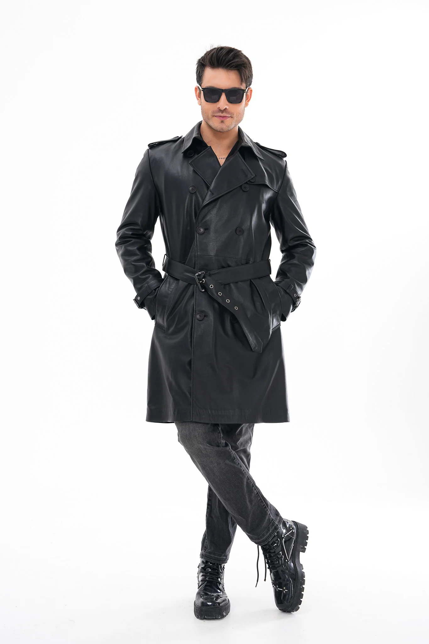 The Firenze Black Leather Men Leather Trench Coat Jacket - Image 2