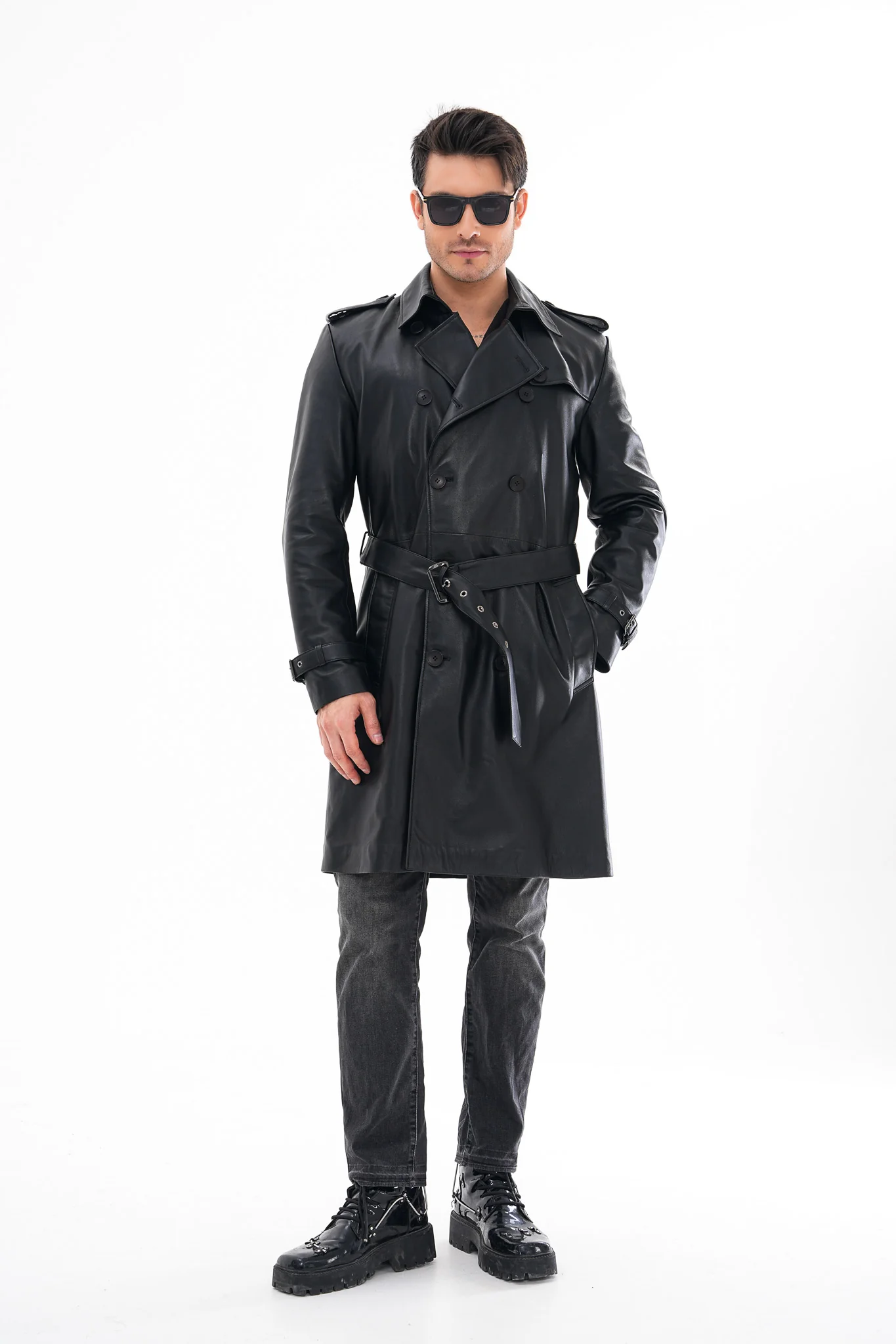 The Firenze Black Leather Men Leather Trench Coat Jacket - Image 5