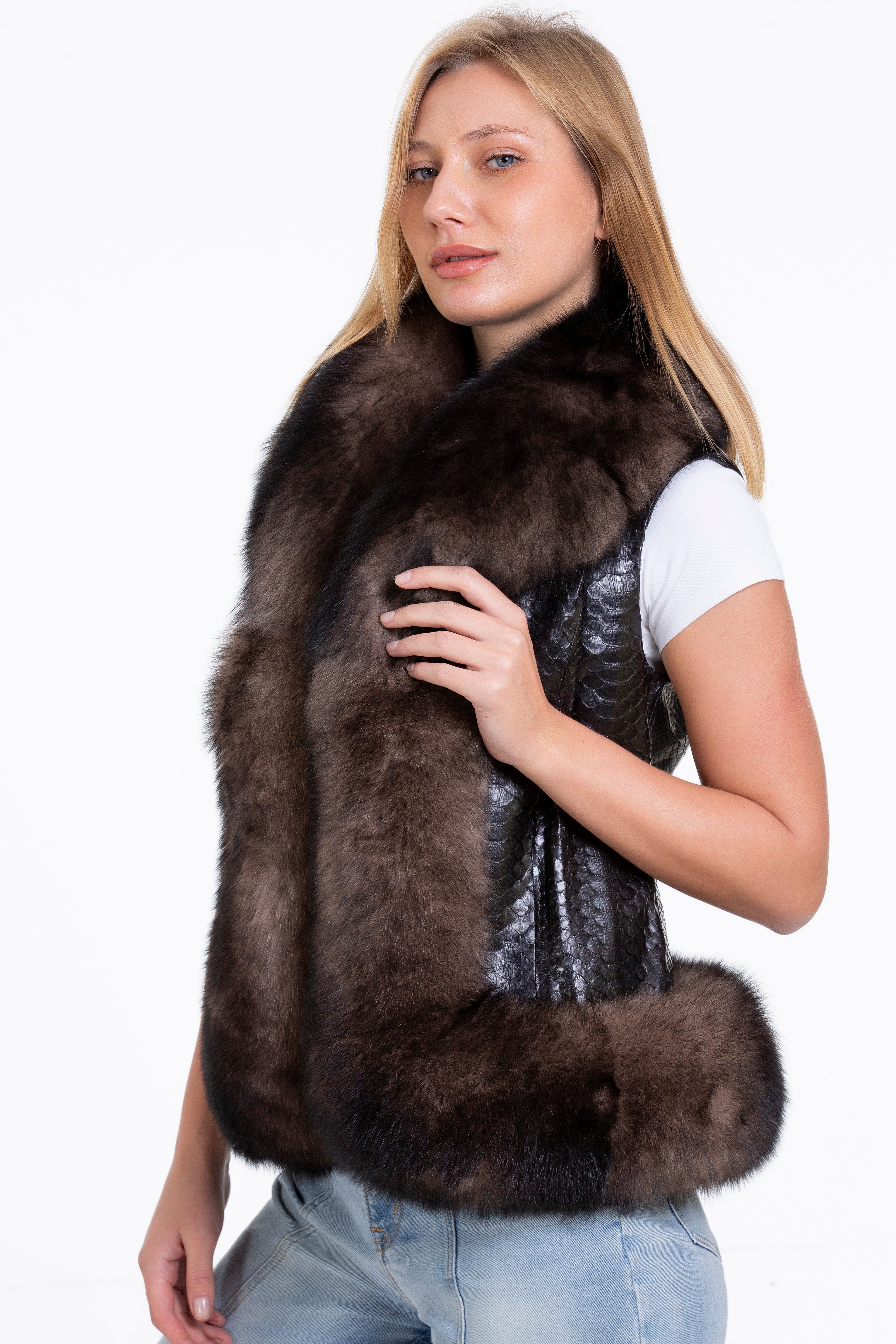 The Fitzroy Pythn Skin Leather Black Pullover Vest with a Pure Fox Fur Women Jacket - Image 3